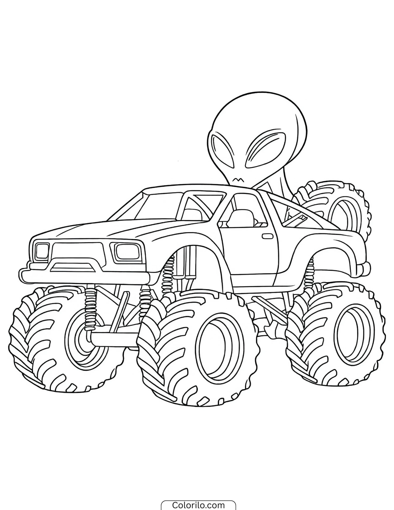 Alien at the wheel of a monster truck coloring page
