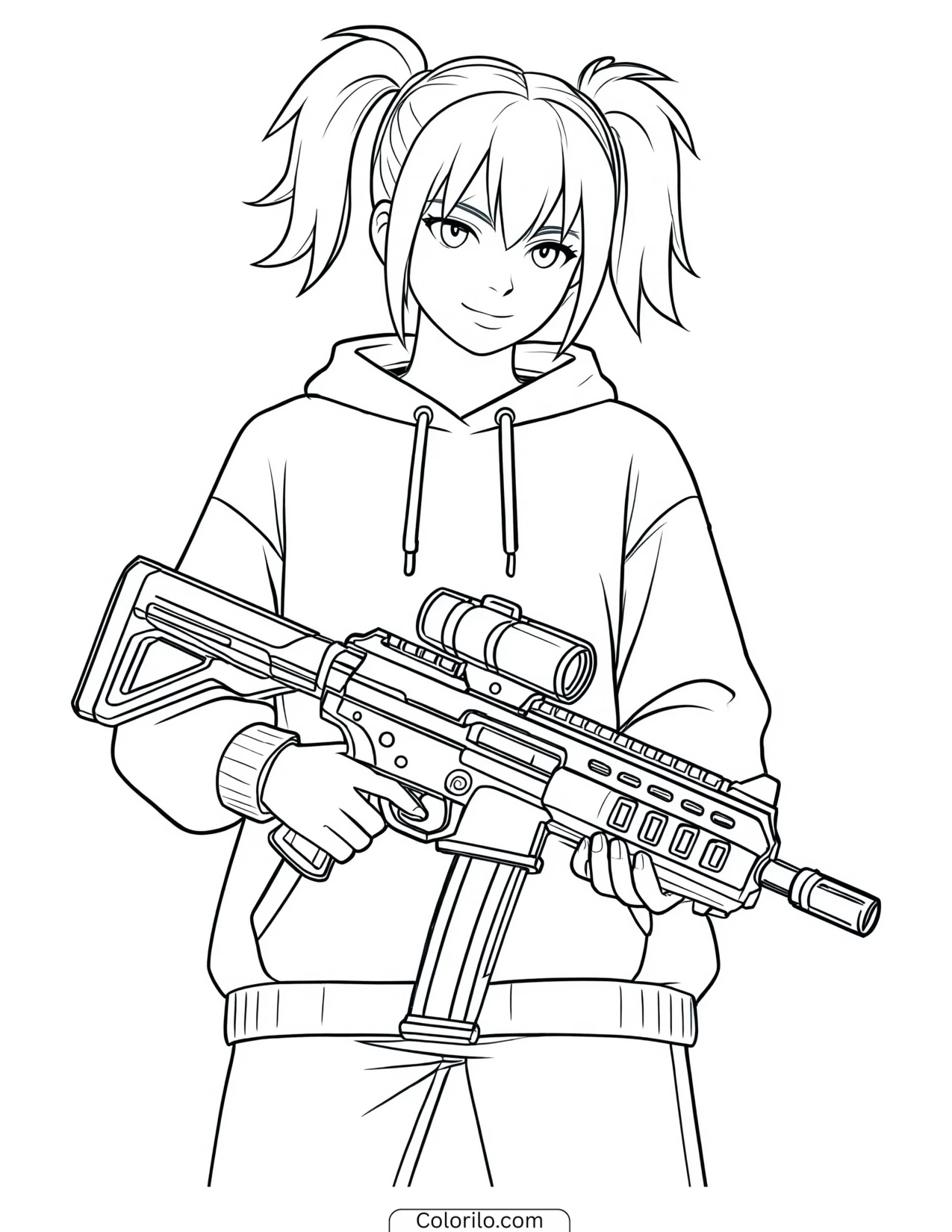 Anime-style character aiming a rifle coloring page