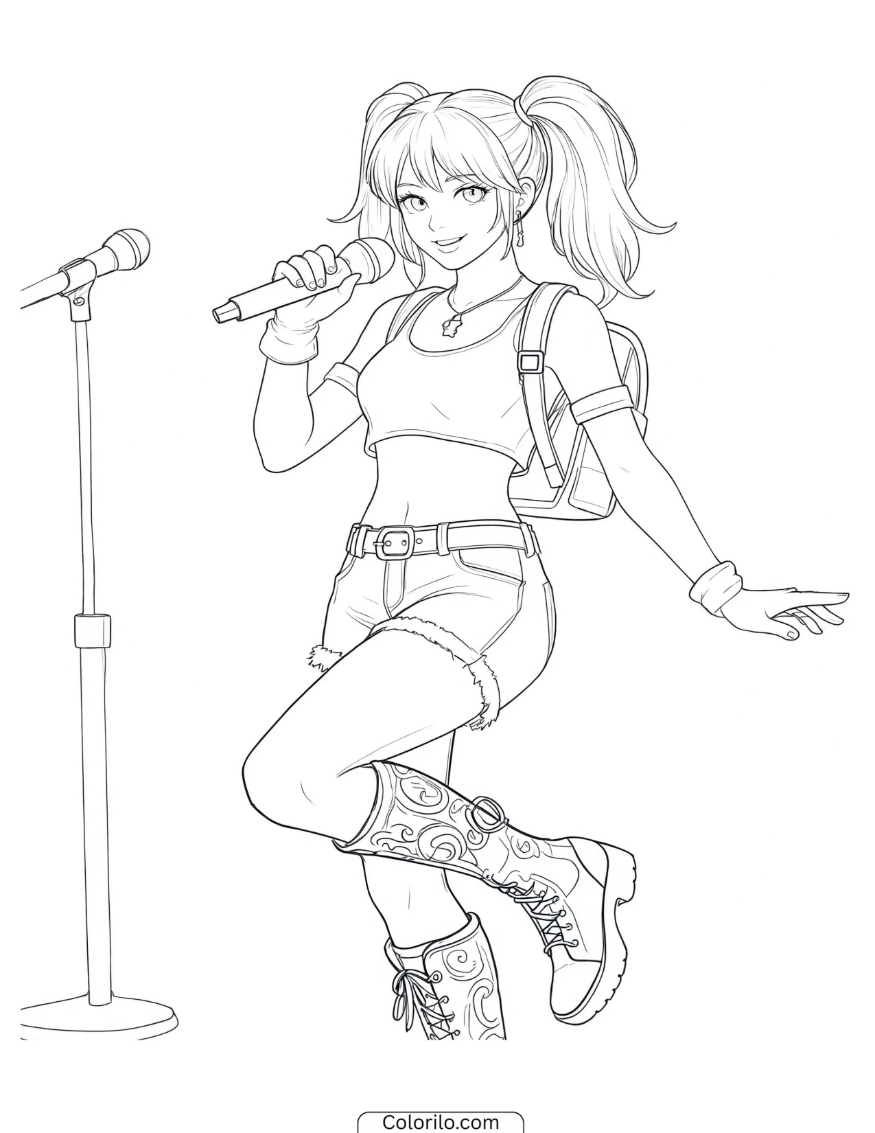 Anime-style character holding a microphone coloring page