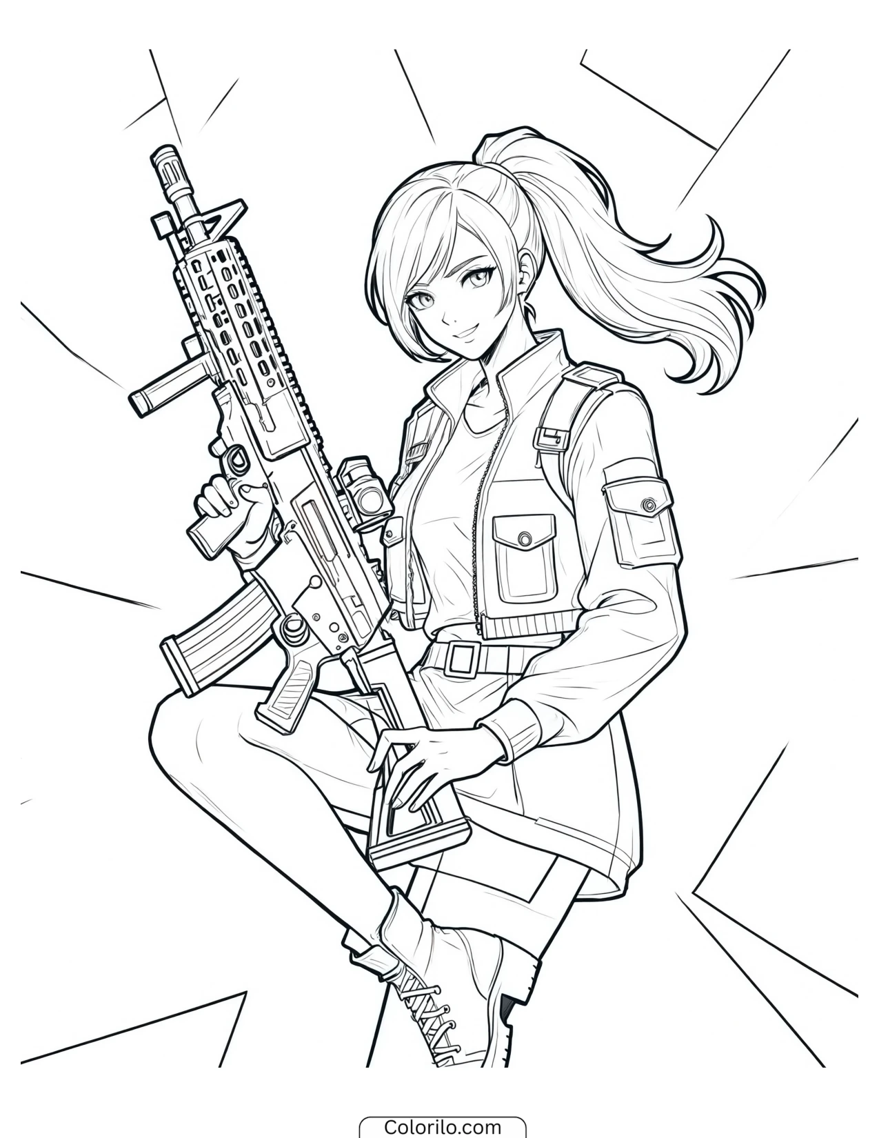 Anime-style character posing with a rifle coloring page