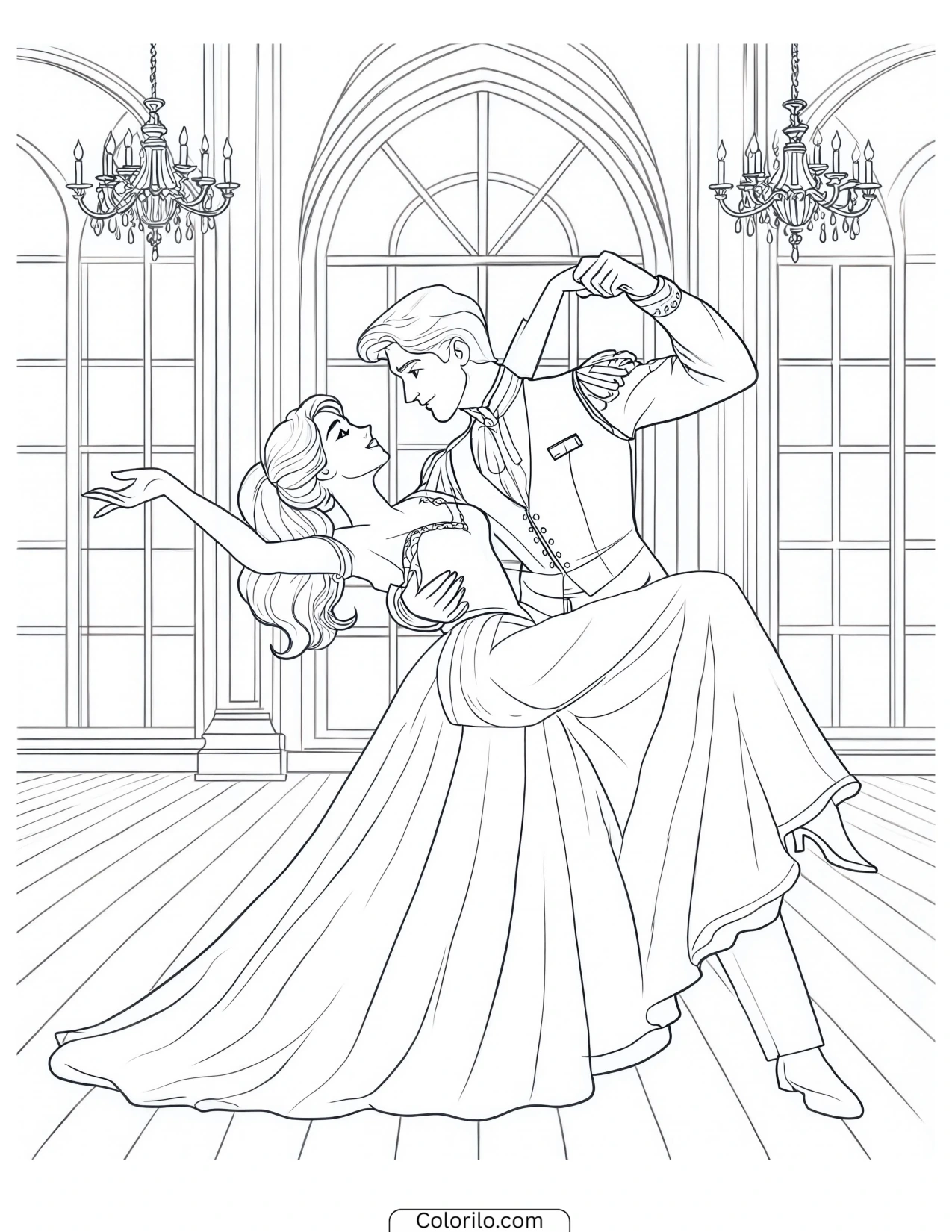 Ariel and Eric dancing together coloring page