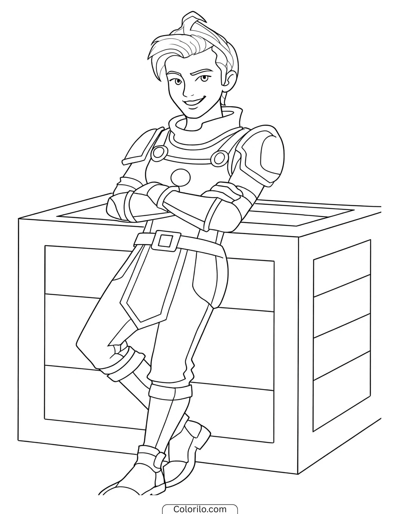 Armored character leaning against a supply crate coloring page
