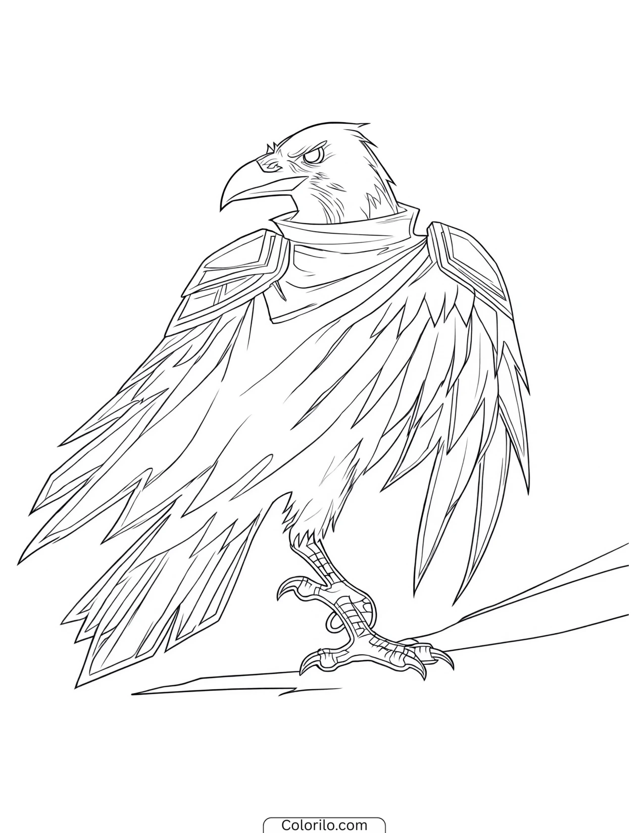 Armored crow character perched on a branch coloring page
