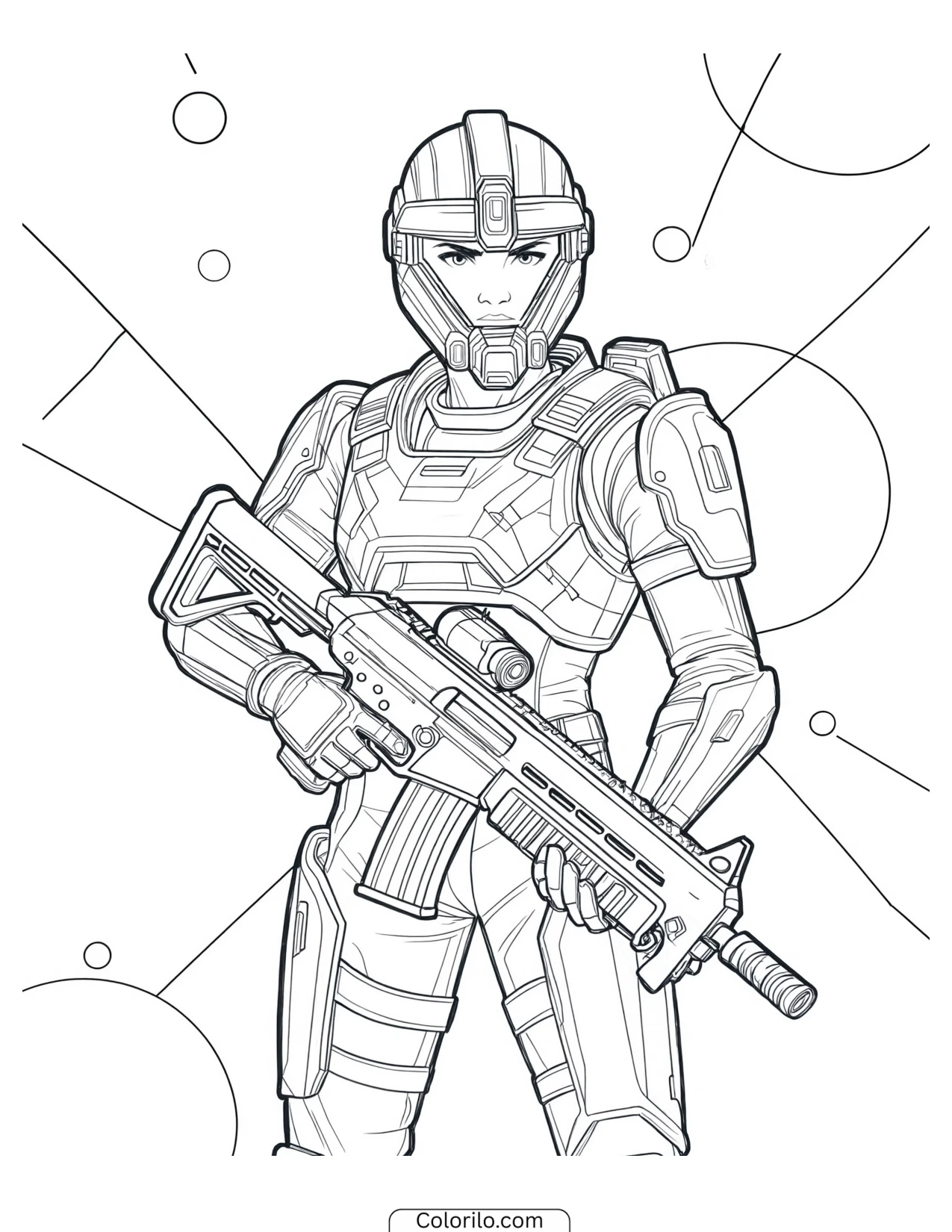 Armored soldier holding a futuristic rifle coloring page
