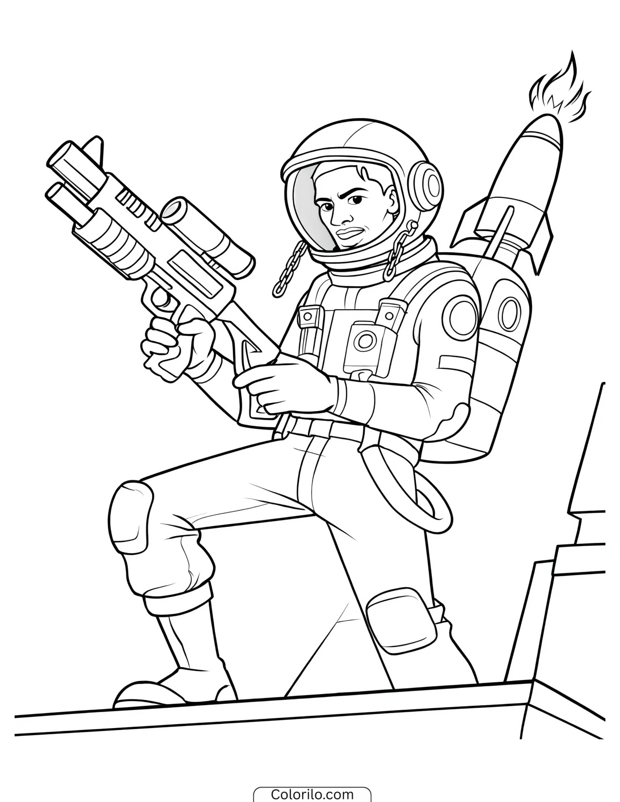 Astronaut character with a jetpack and rifle coloring page