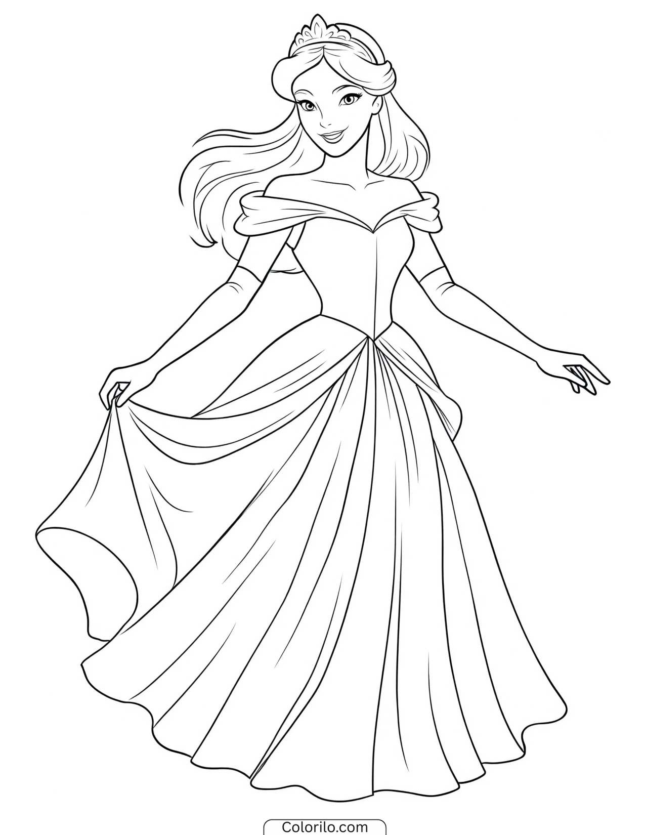 Aurora lifting the hem of her dress coloring page