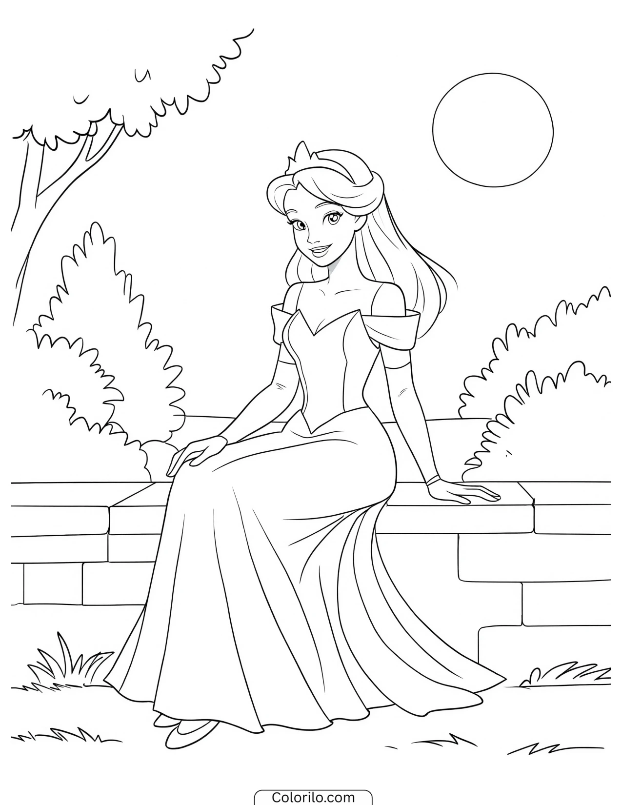 Aurora sitting on a low garden wall coloring page