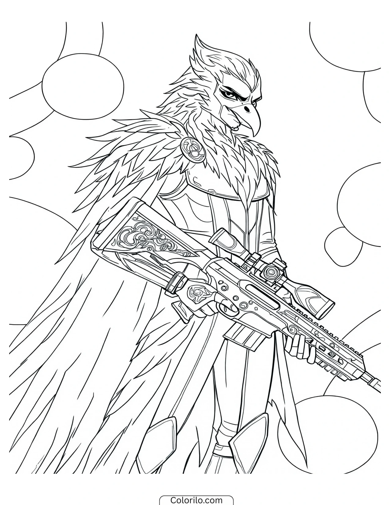 Bird-like humanoid character holding a sniper rifle coloring page