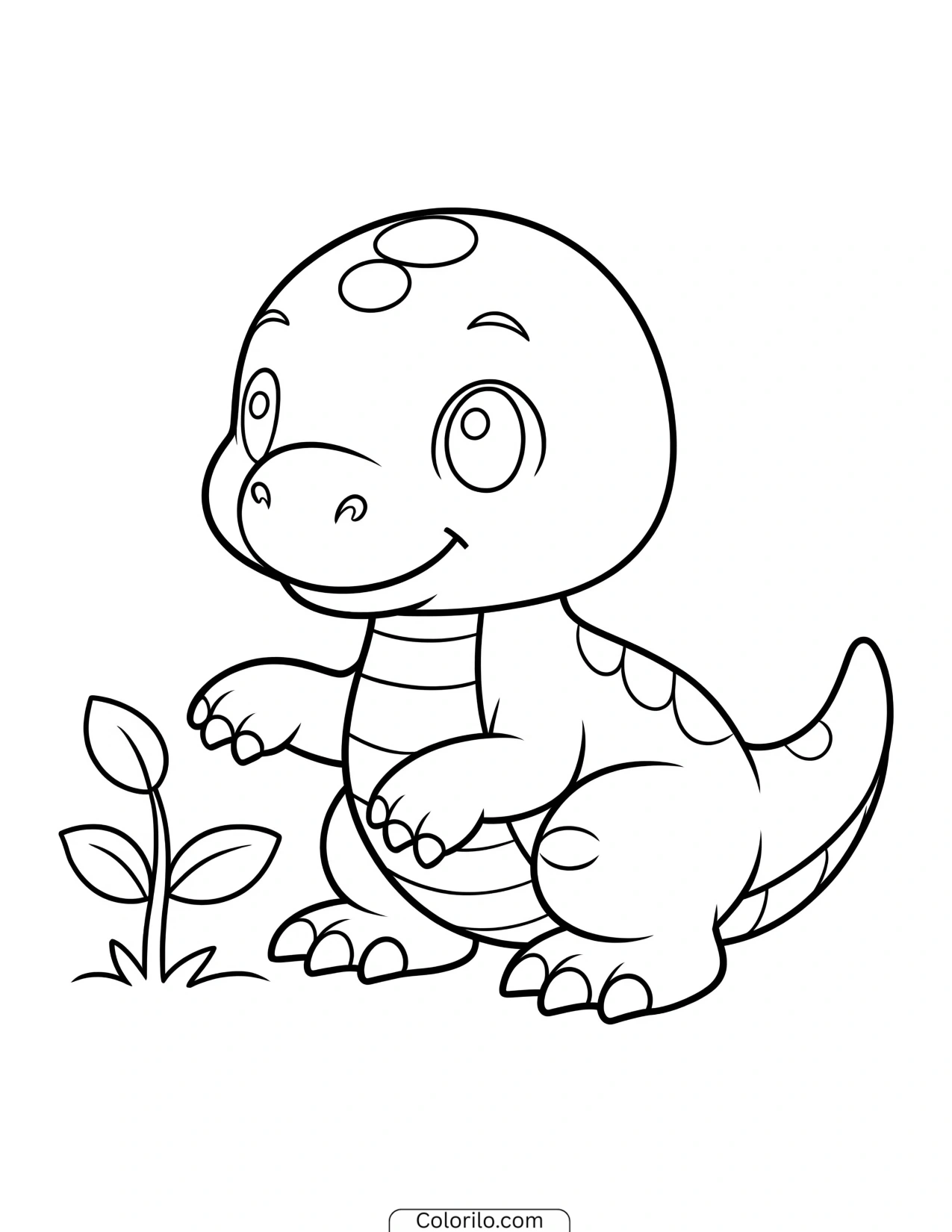 Baby dinosaur reaching up toward a leafy plant coloring page