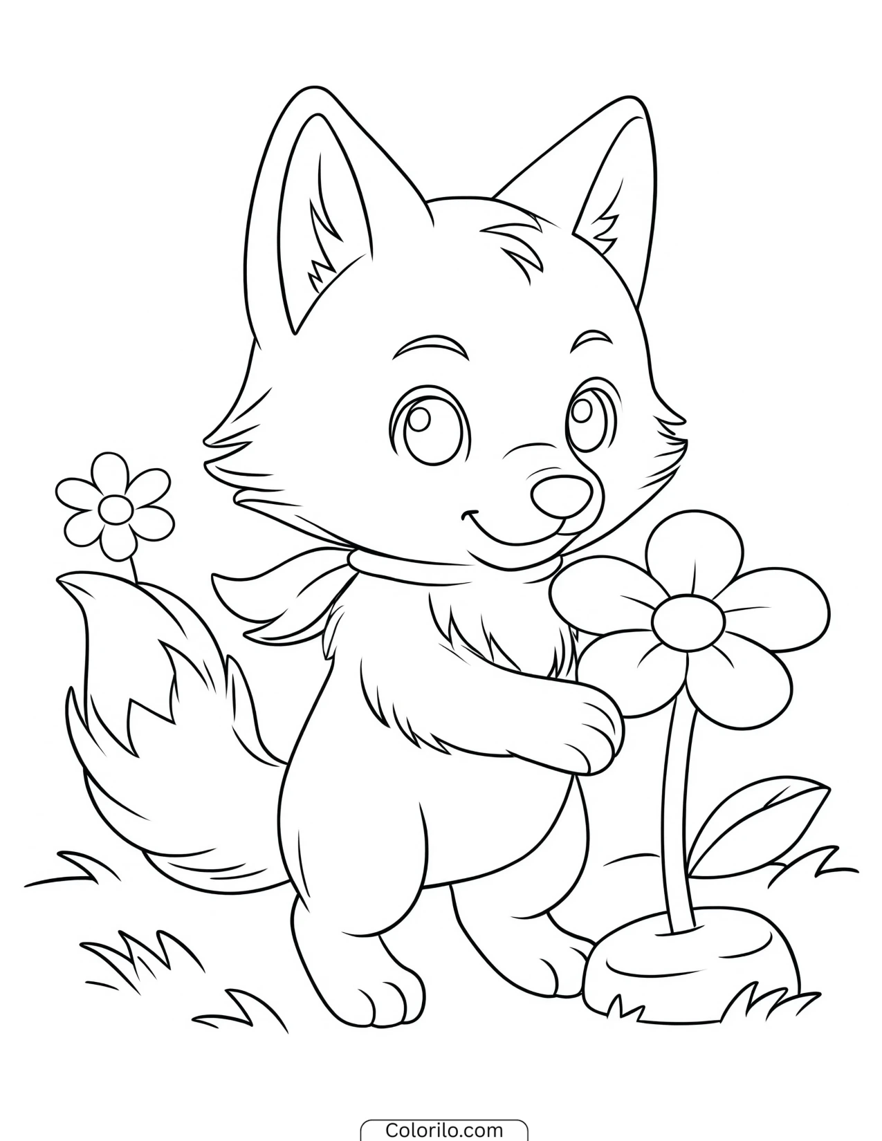 Baby fox reaching toward a flower coloring page