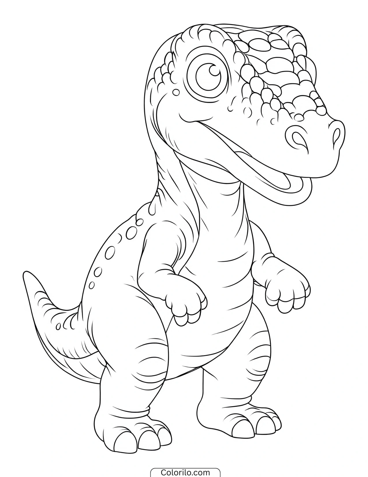 Baby T. rex turning its head to look back coloring page