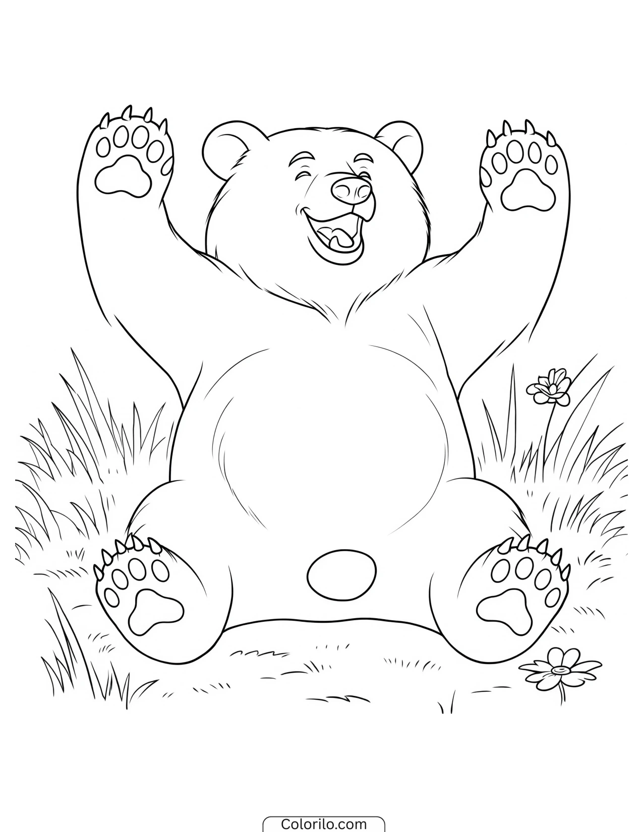 Bear standing in grass with both arms raised coloring page