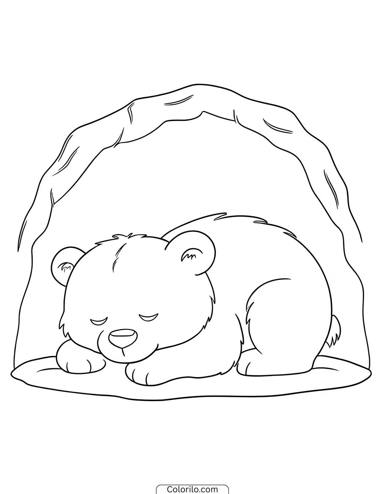 Bear cub sleeping inside a cave coloring page
