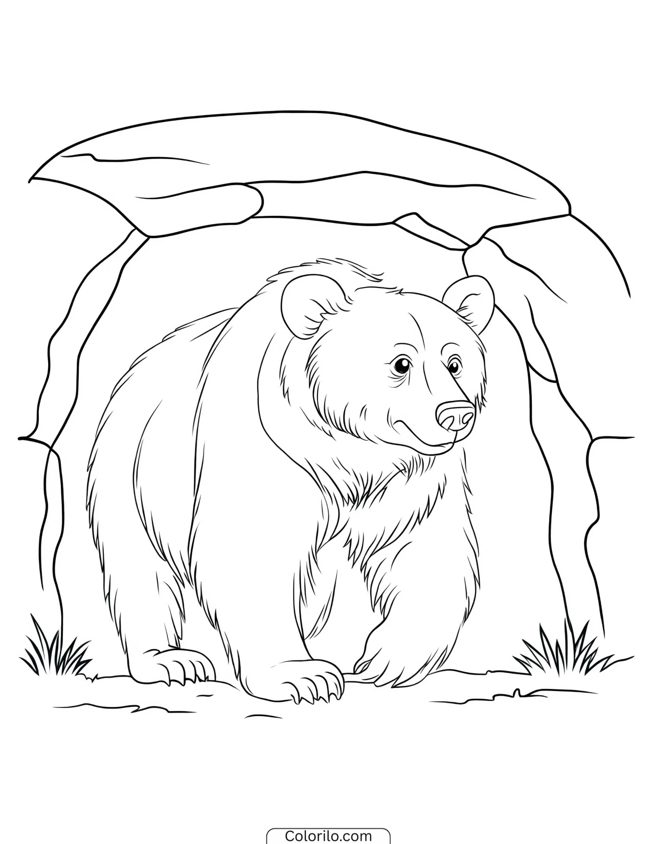 Bear emerging from the mouth of a cave coloring page
