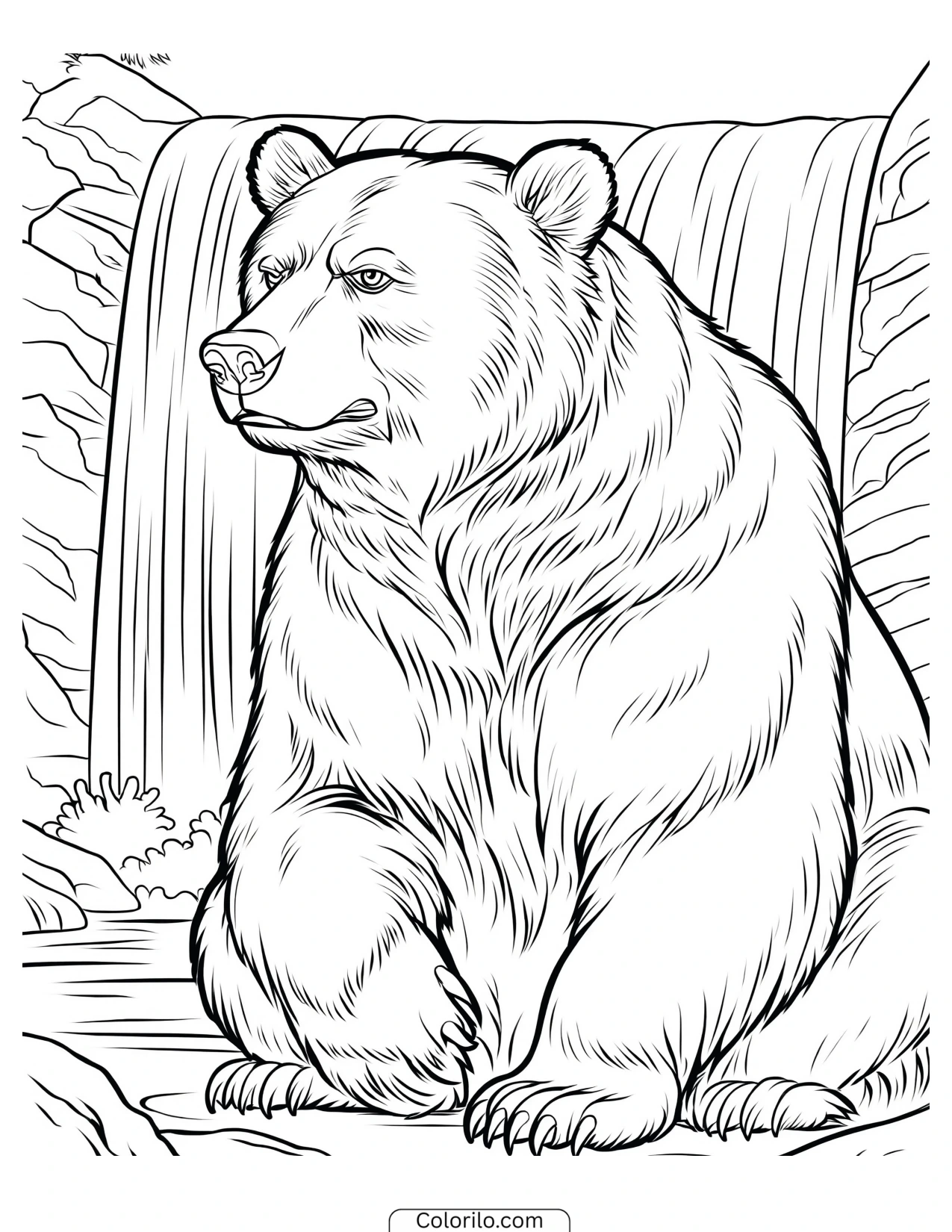 Bear sitting beside a waterfall coloring page