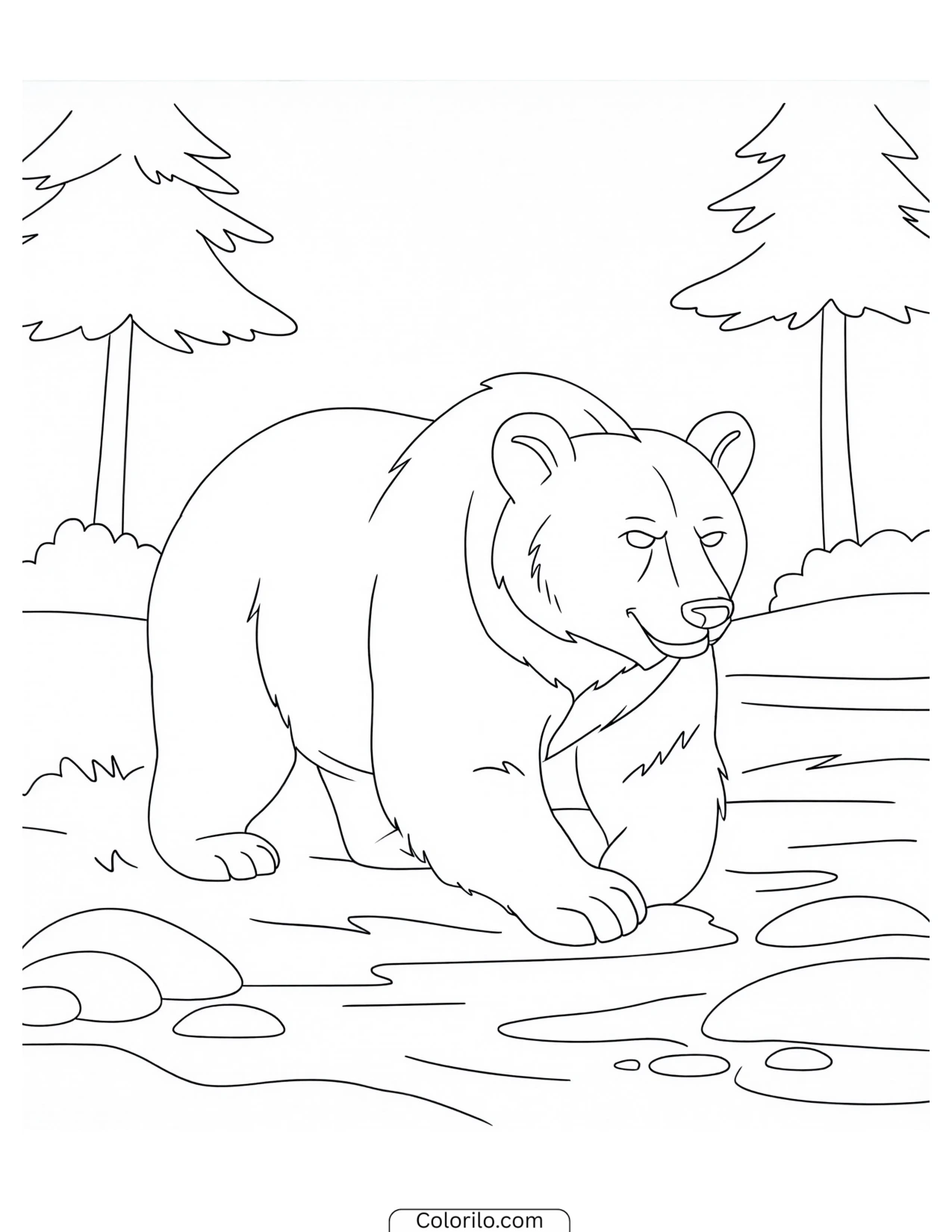 Bear walking alongside a stream coloring page