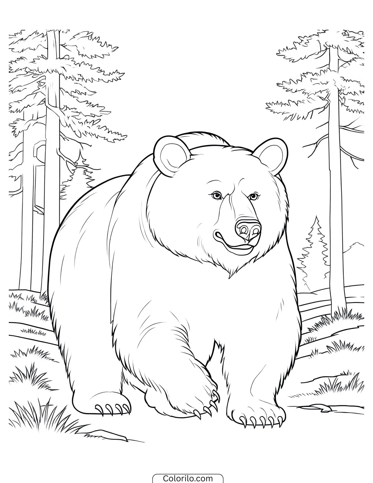 Bear walking through the forest coloring page