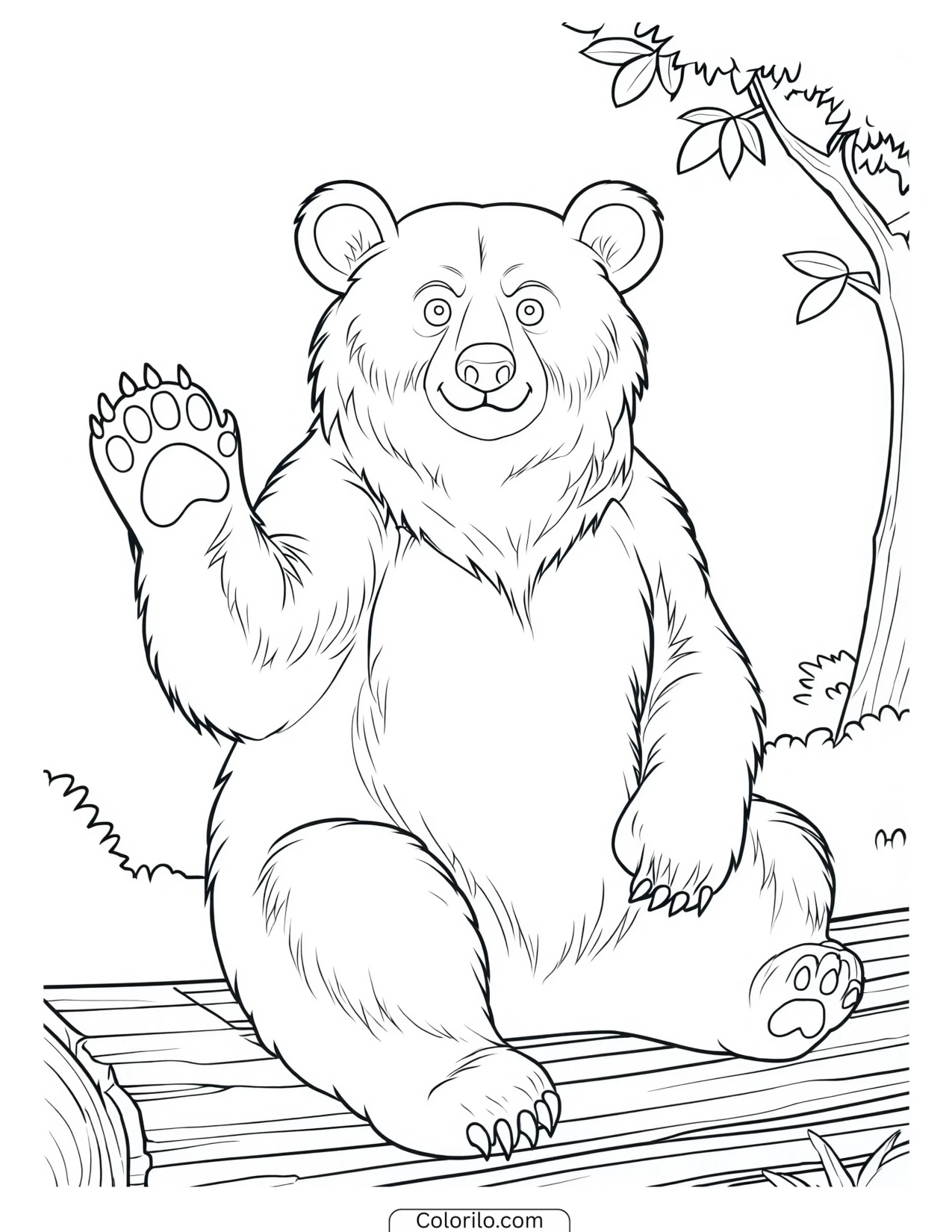 Bear sitting on a fallen log and waving coloring page