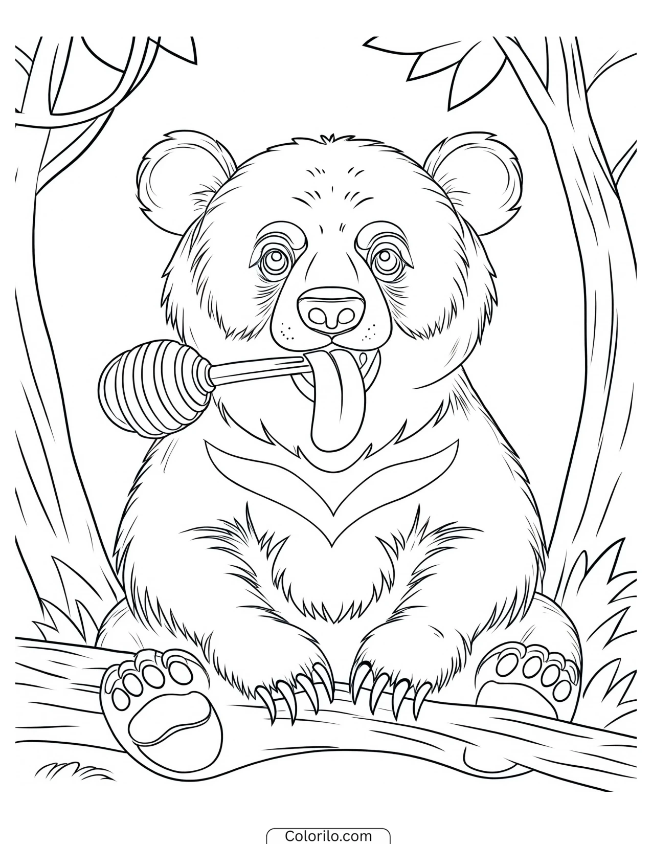 Bear holding a honey dipper coloring page