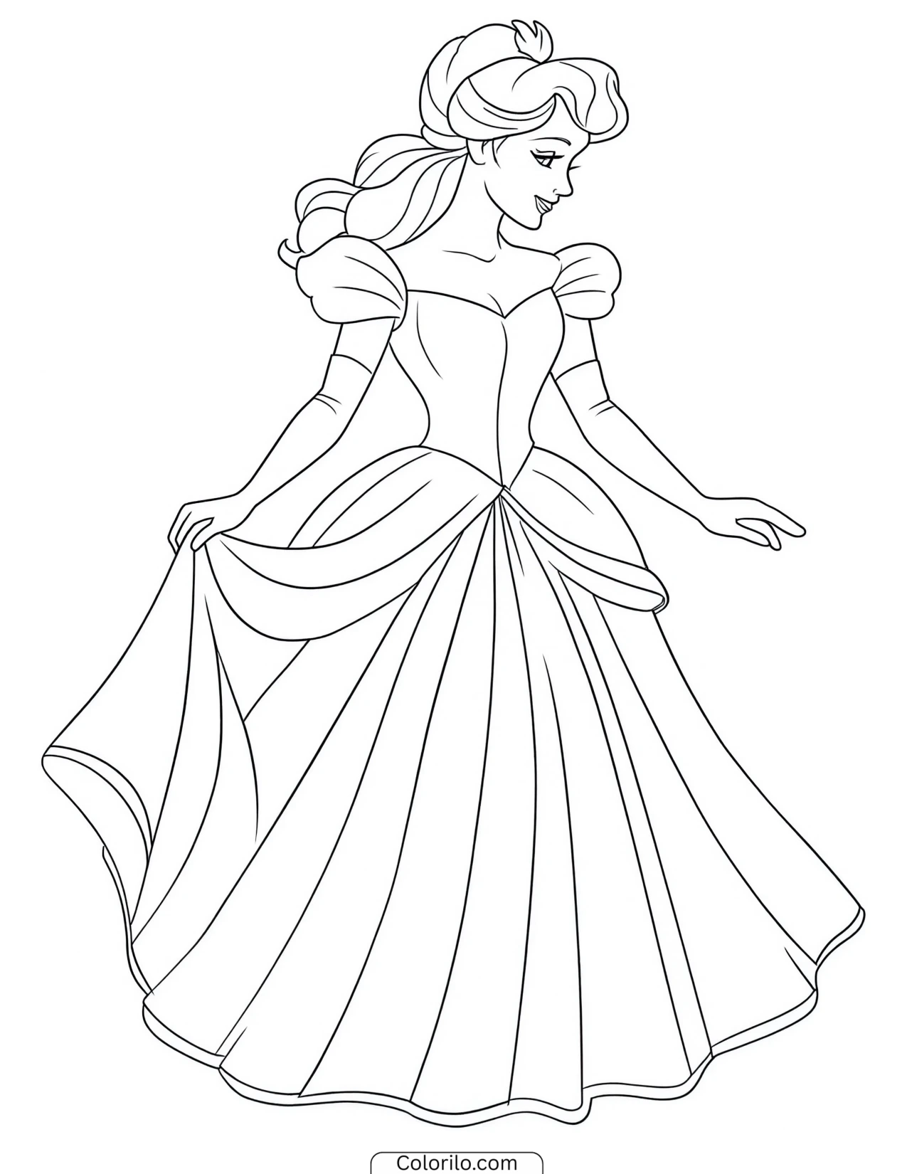 Belle holding out the skirt of her gown coloring page