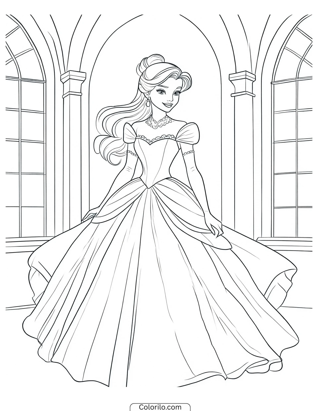 Belle wearing a full ballgown coloring page