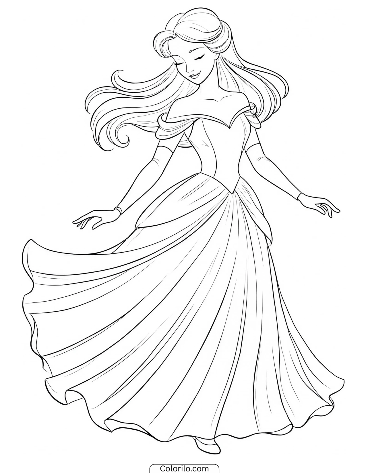Belle spinning in her flowing gown coloring page