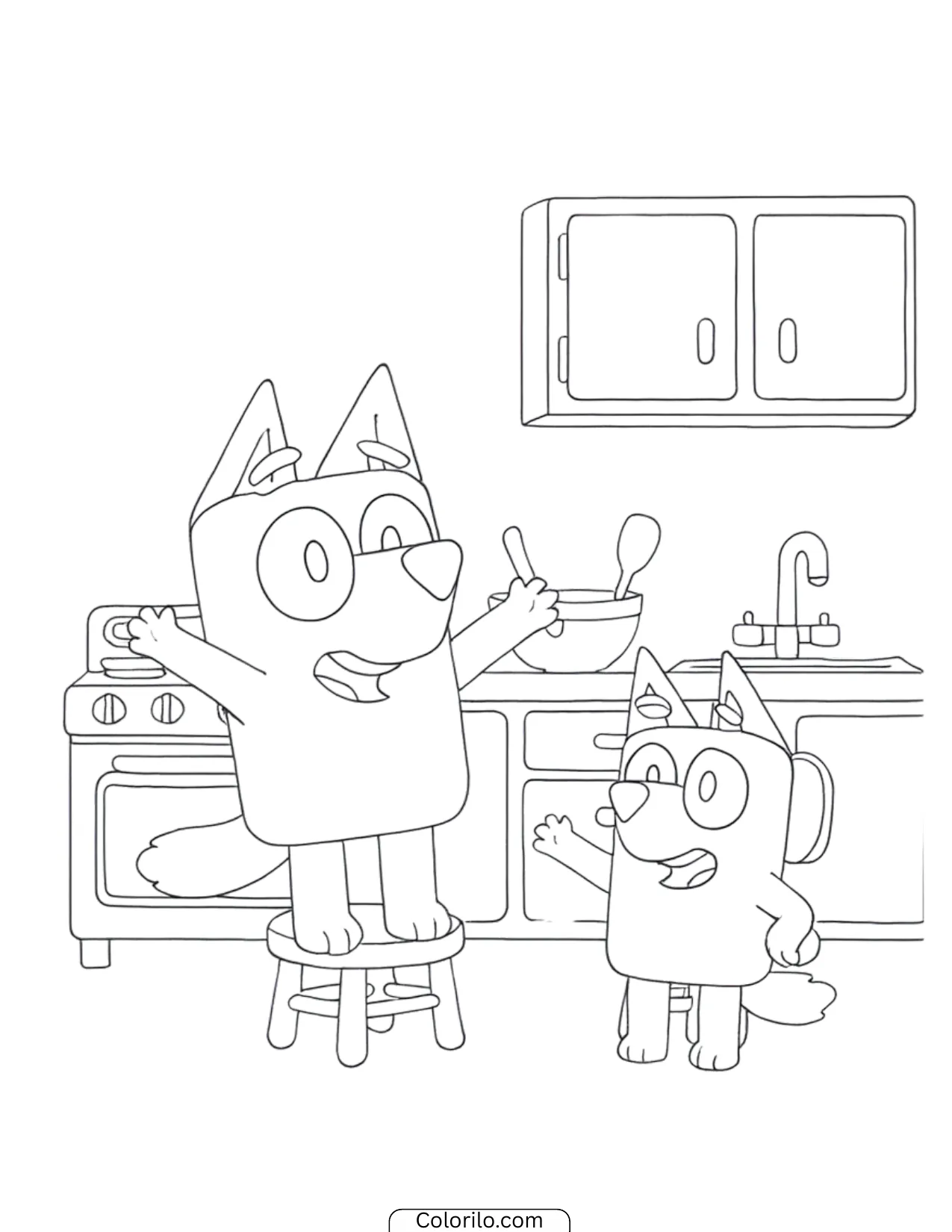 Bluey helping Dad cook in the kitchen coloring page