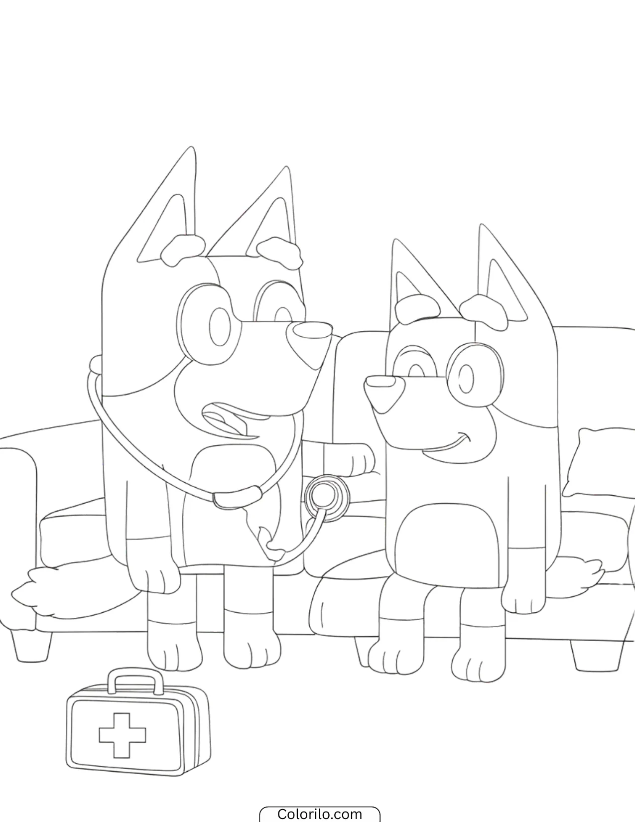 Bluey playing doctor with a stethoscope and first aid kit coloring page