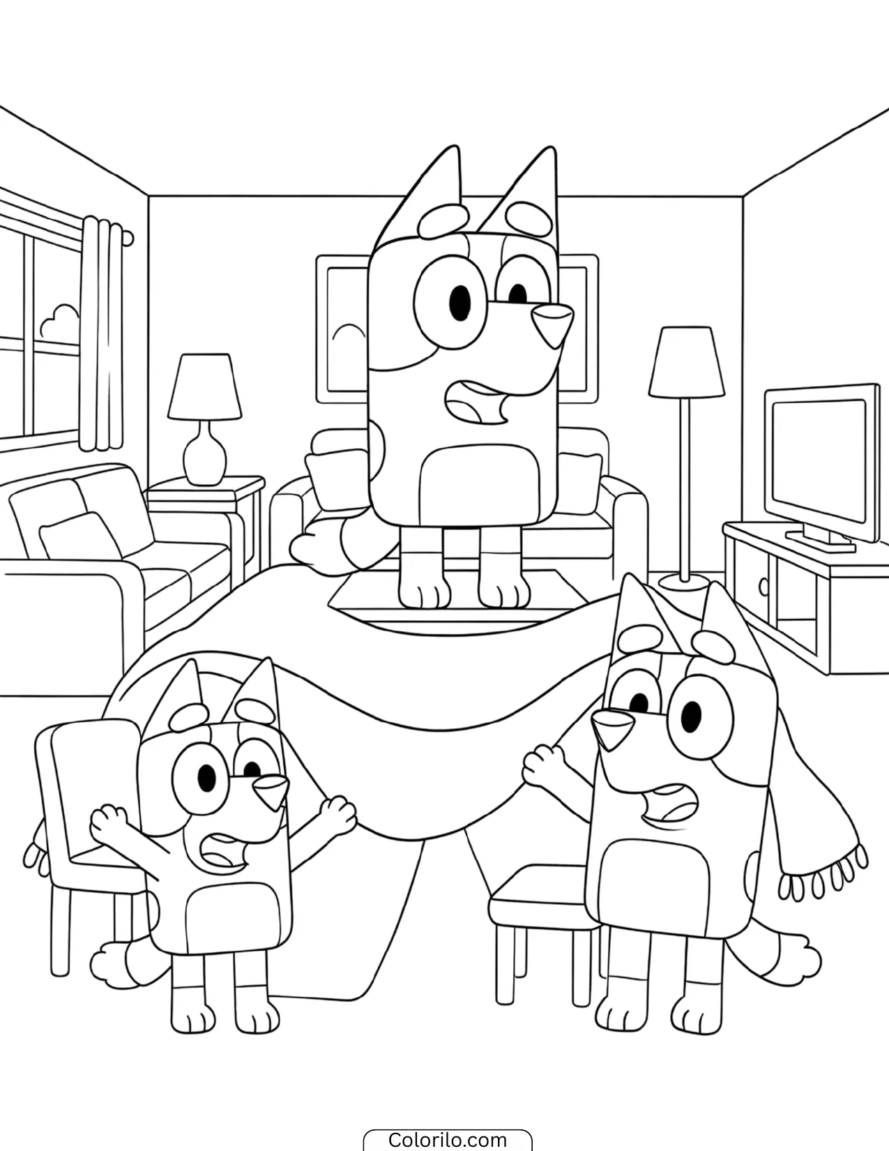 Bluey family playing a ghost game under a blanket coloring page