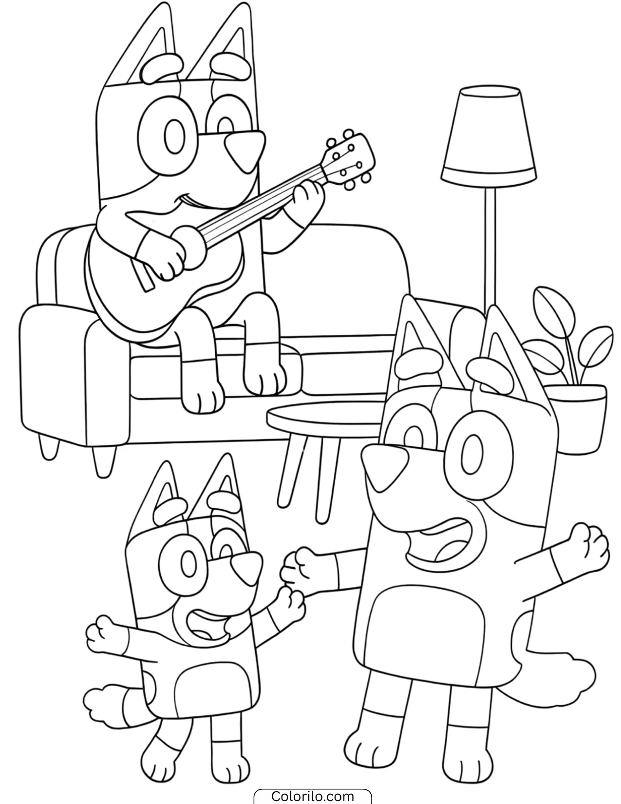 Dad playing guitar while Bluey and Bingo dance coloring page