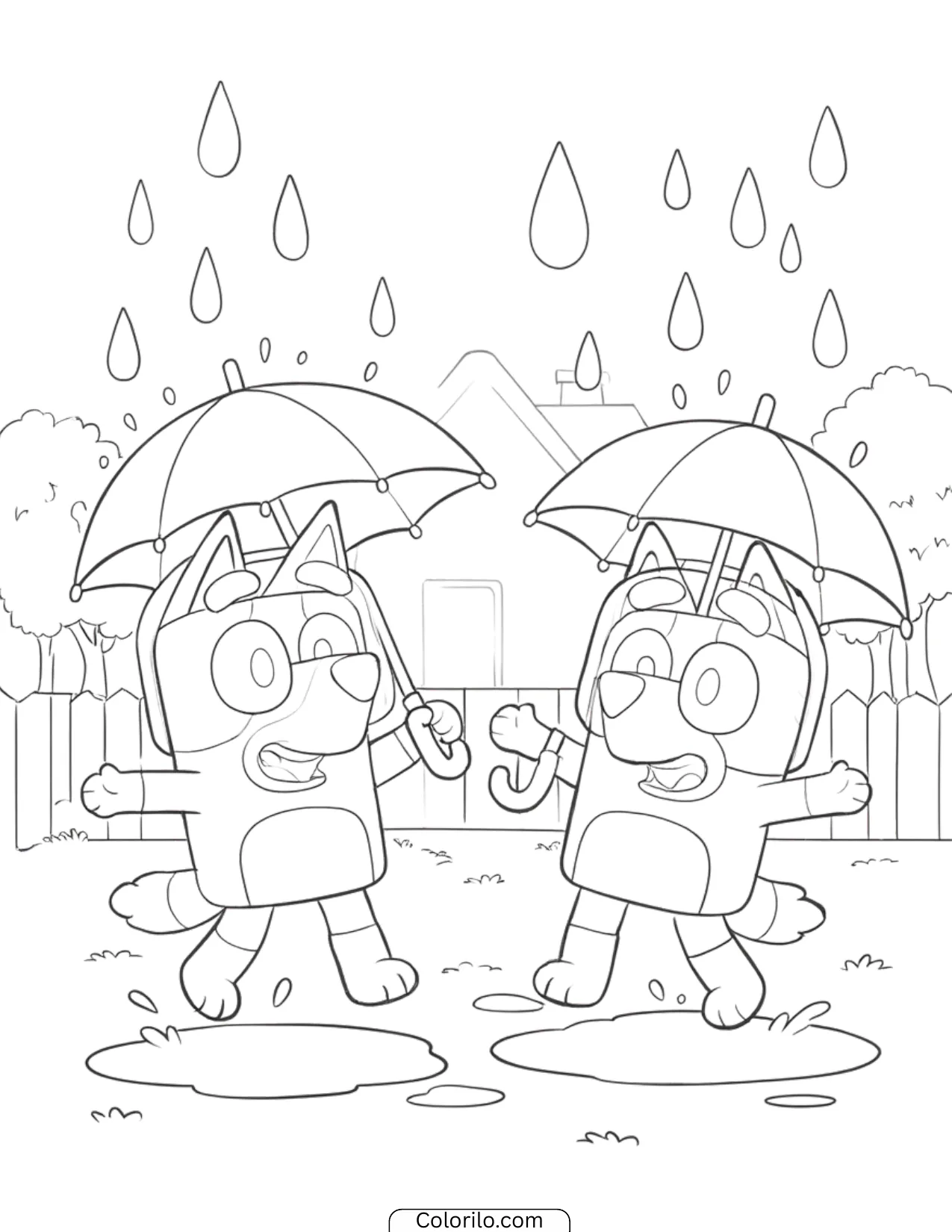 Bluey and Bingo playing in the rain with umbrellas coloring page