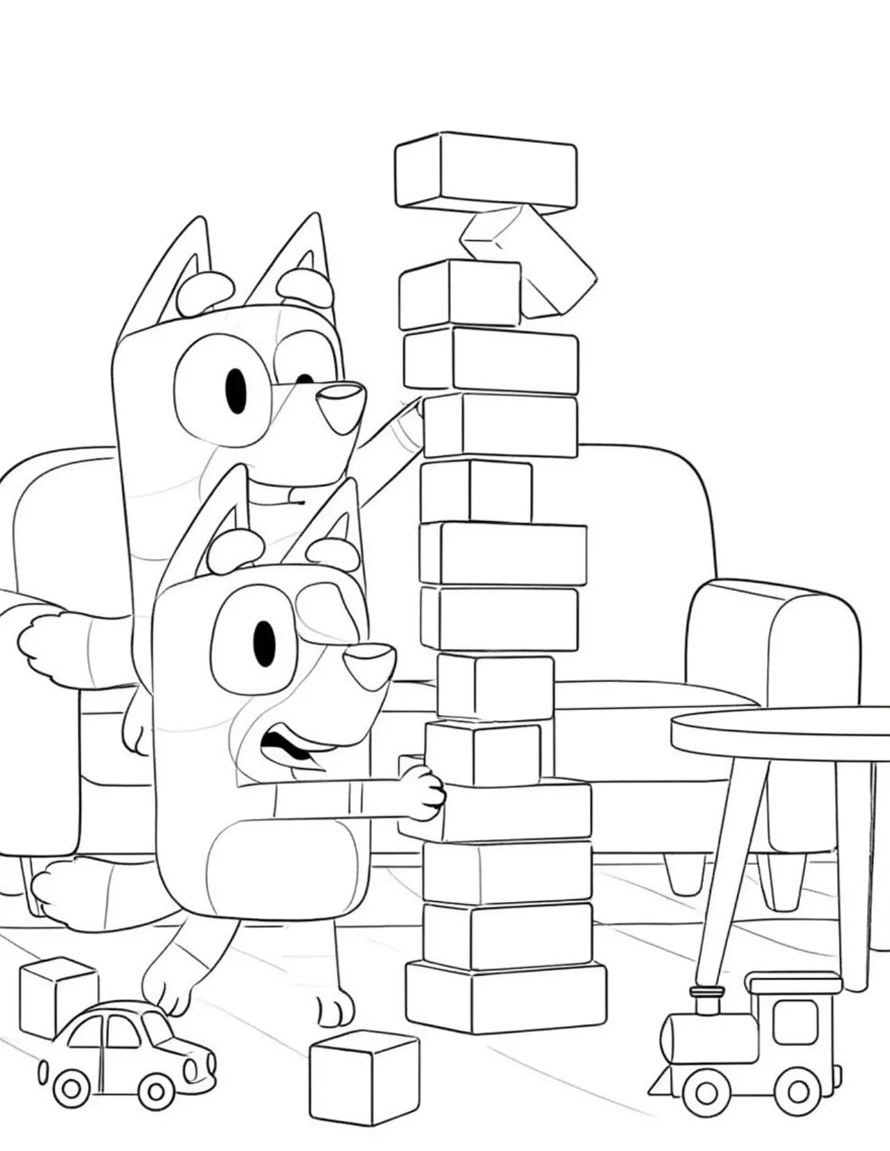 Bluey and Bingo stacking a tall tower of blocks coloring page