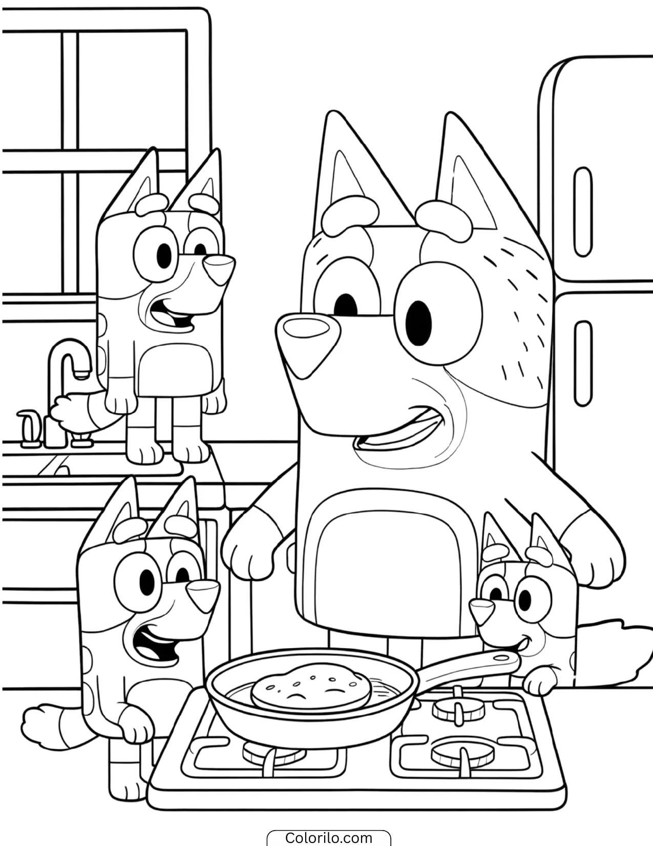 Bluey family making pancakes together in the kitchen coloring page