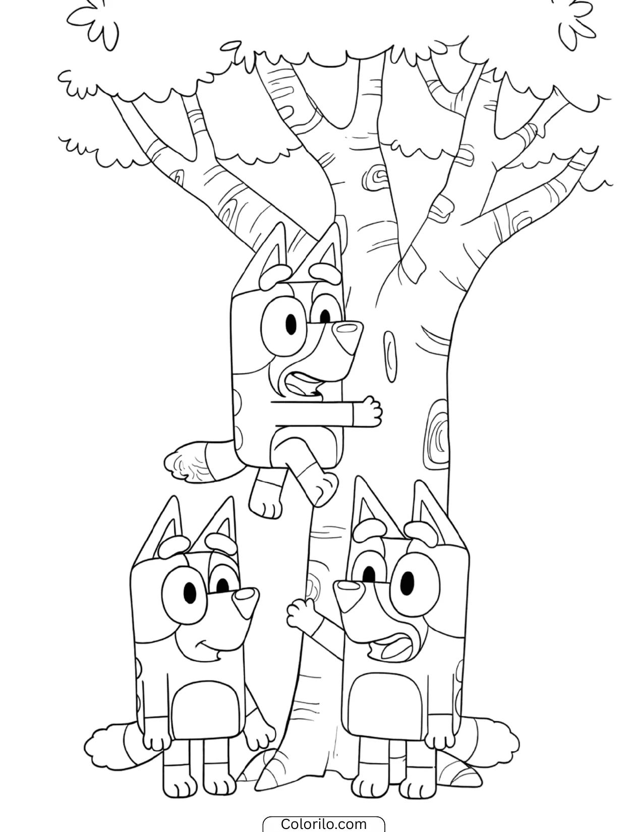 Bluey climbing a big tree with friends below coloring page