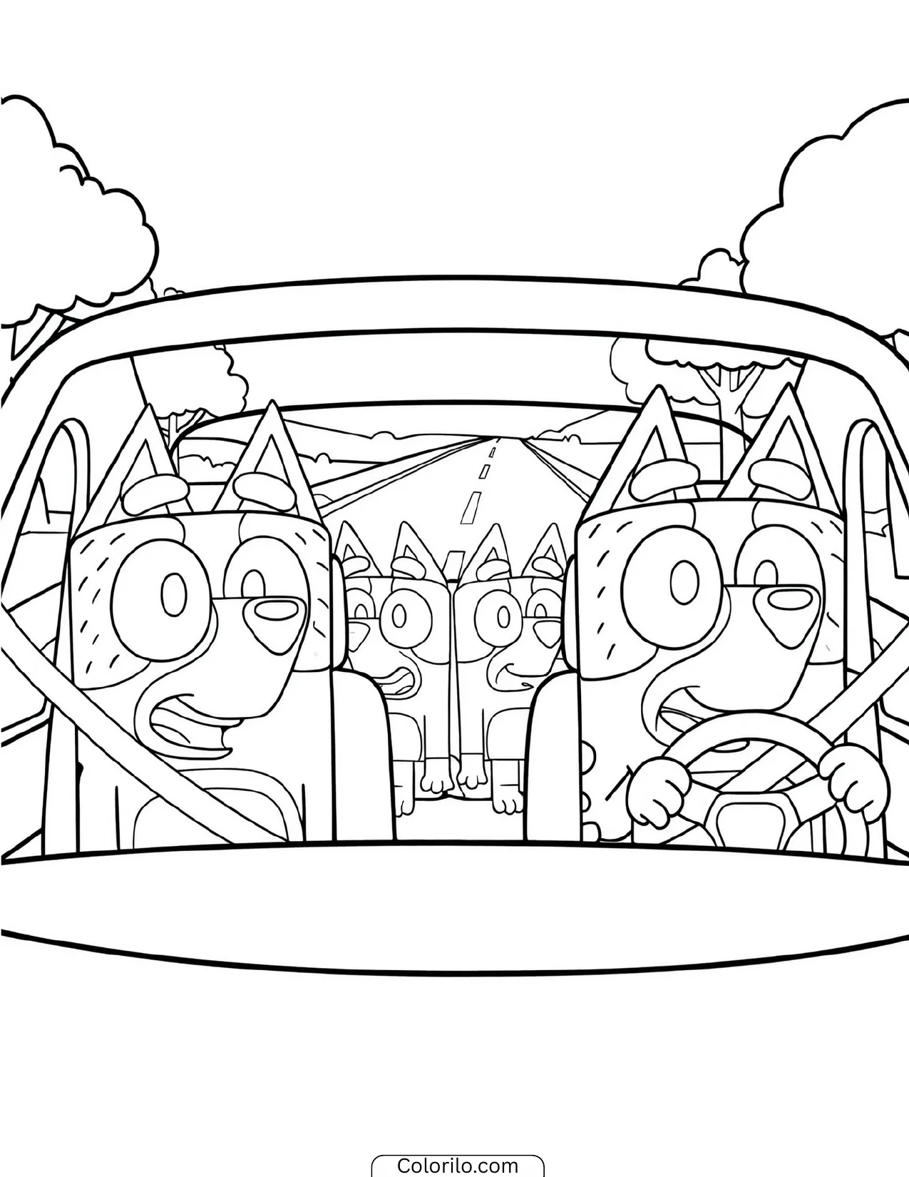 Bluey family on a road trip in the car coloring page