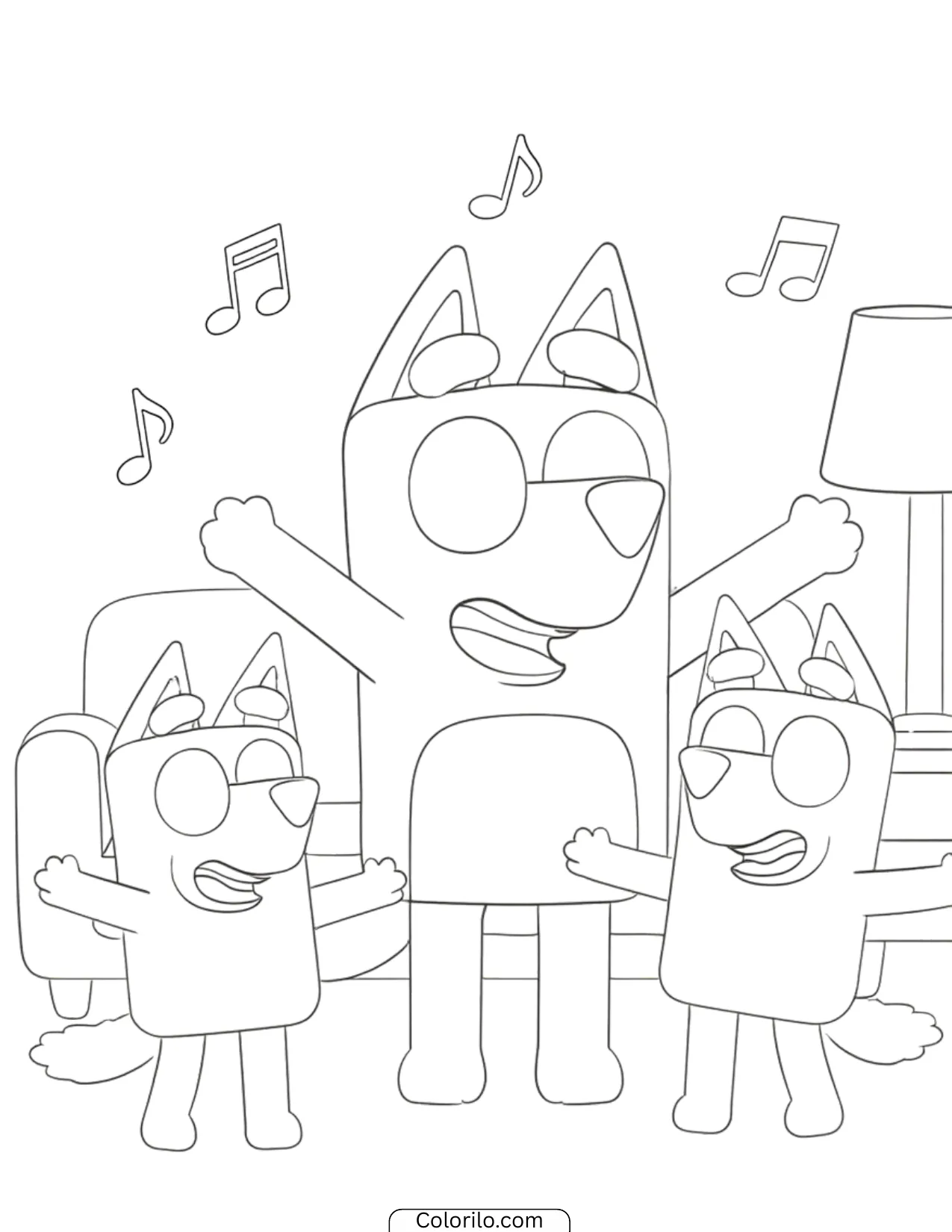 Bluey family dancing and singing together to music coloring page