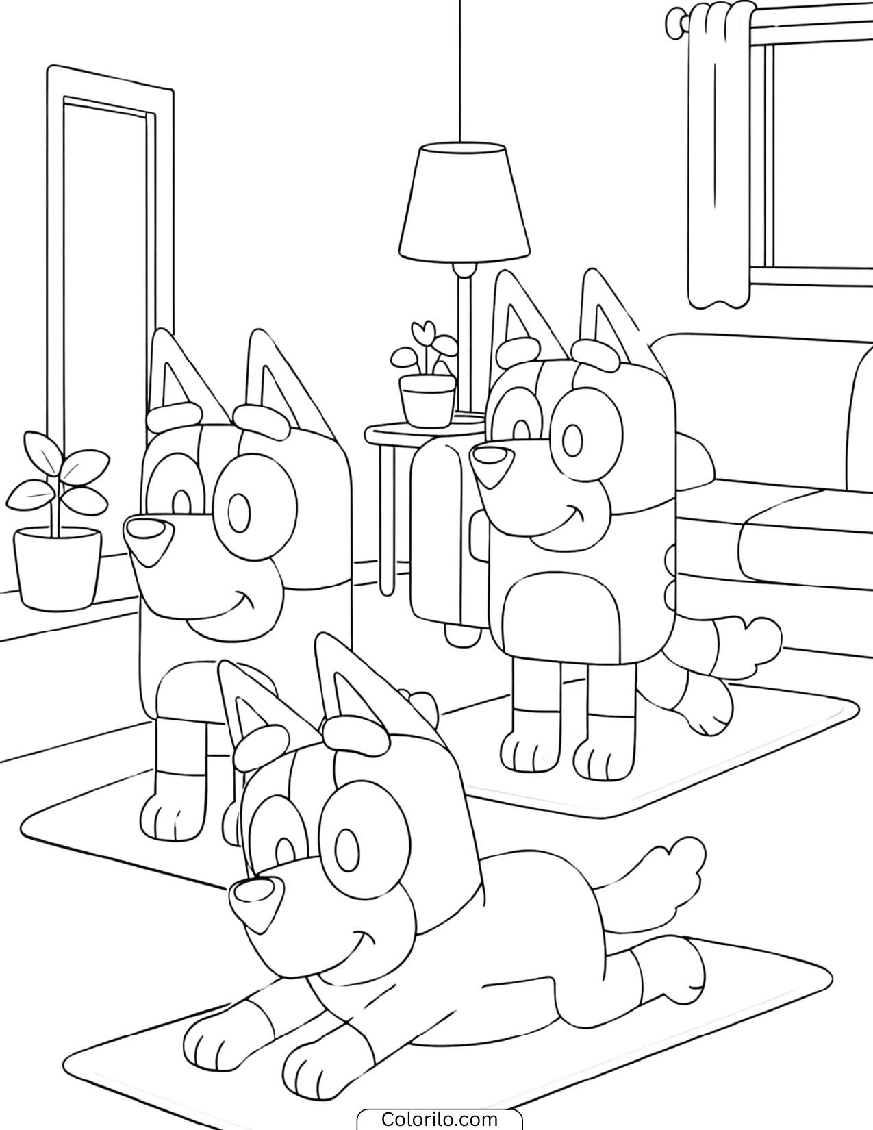 Bluey family doing yoga together in the living room coloring page