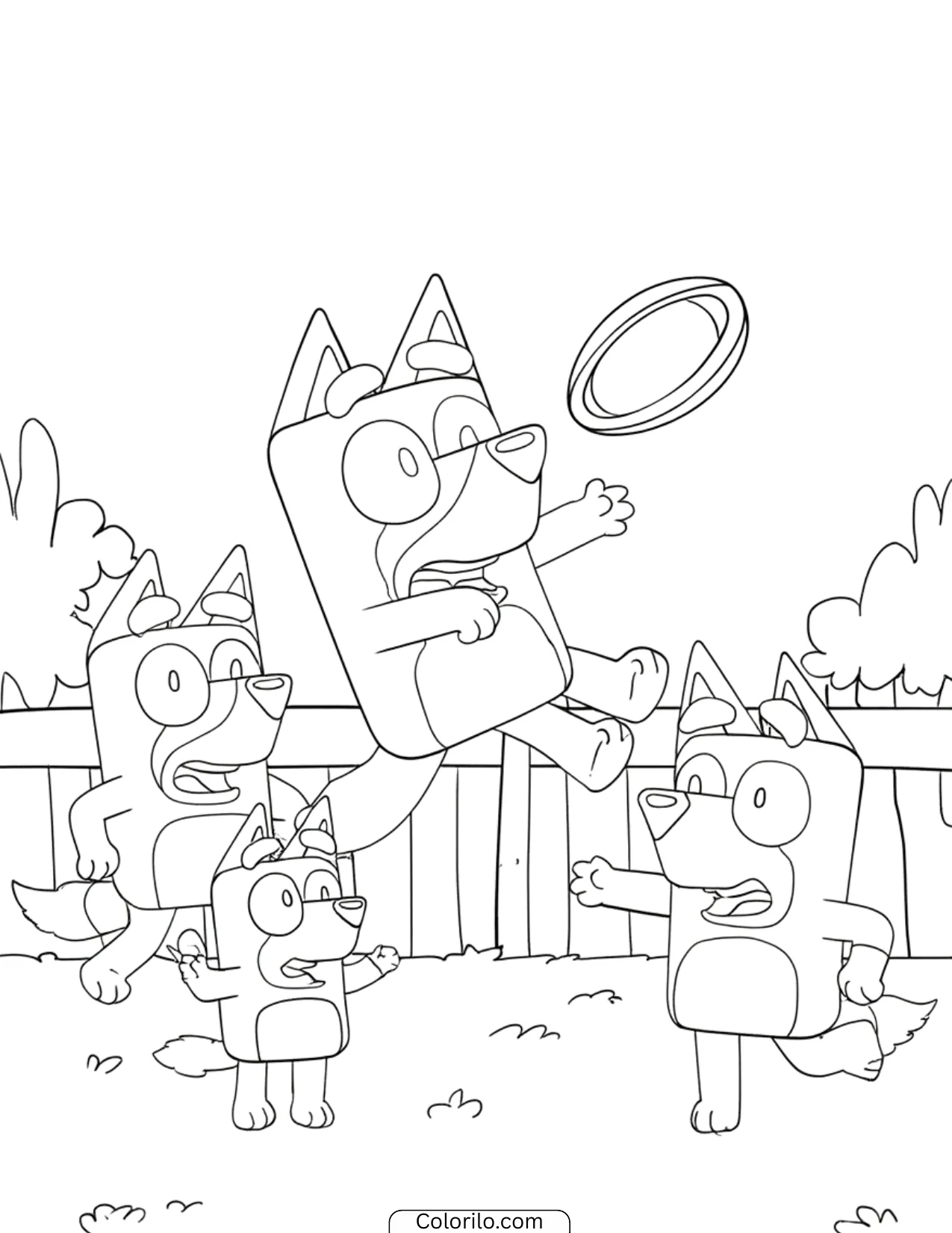 Bluey family playing frisbee together in the backyard coloring page