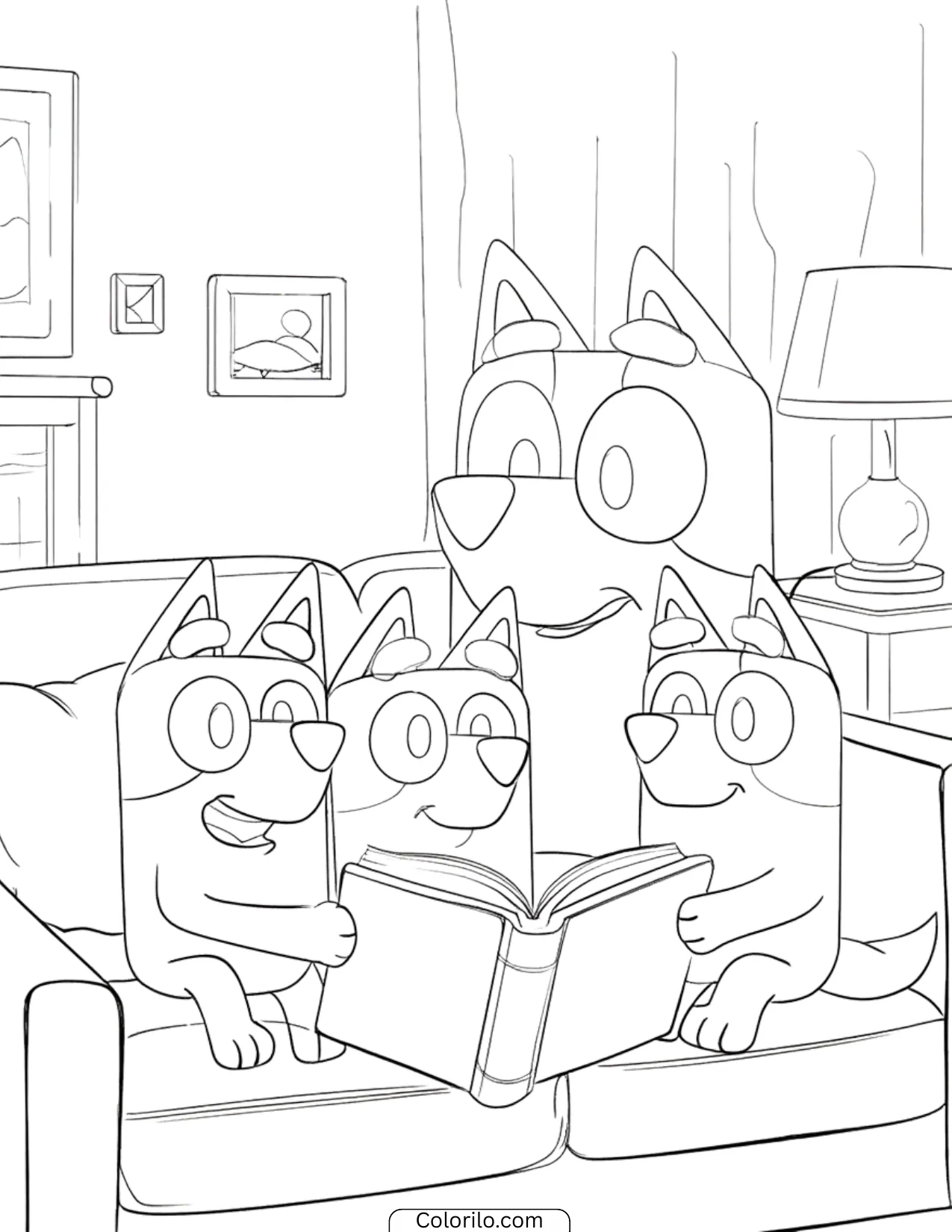 Bluey family reading a book together on the couch coloring page