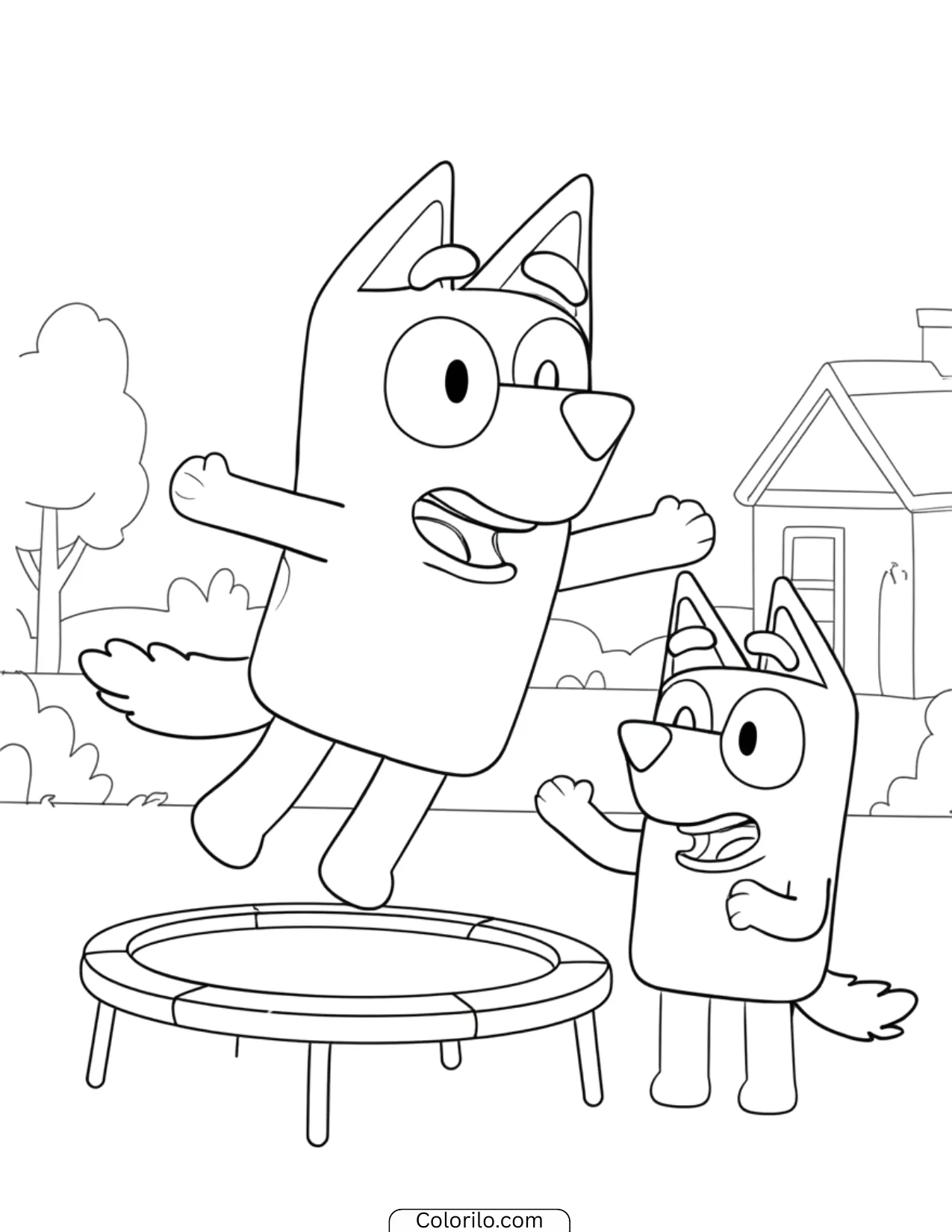 Bluey jumping on the trampoline while Bingo watches coloring page
