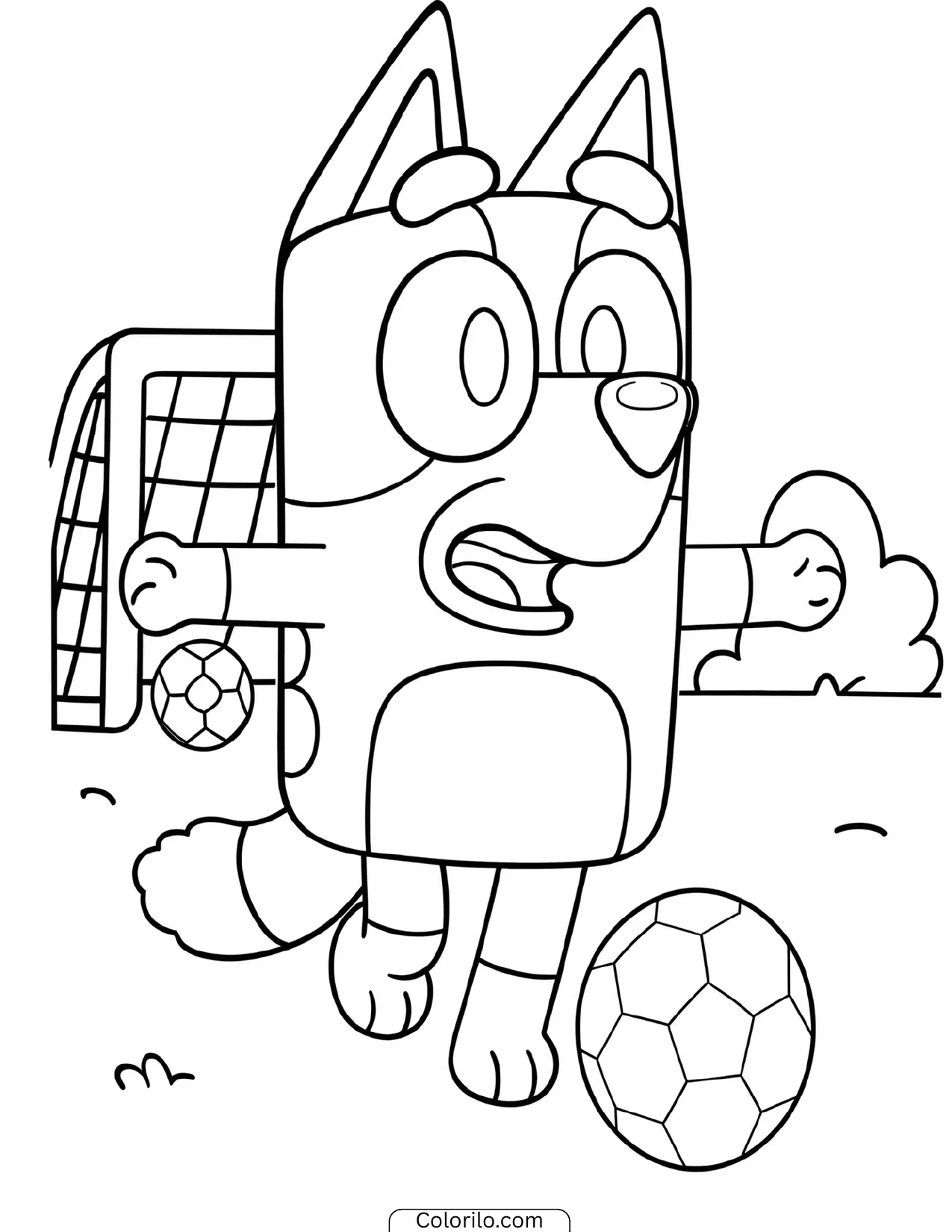 Bluey kicking a soccer ball toward the goal coloring page