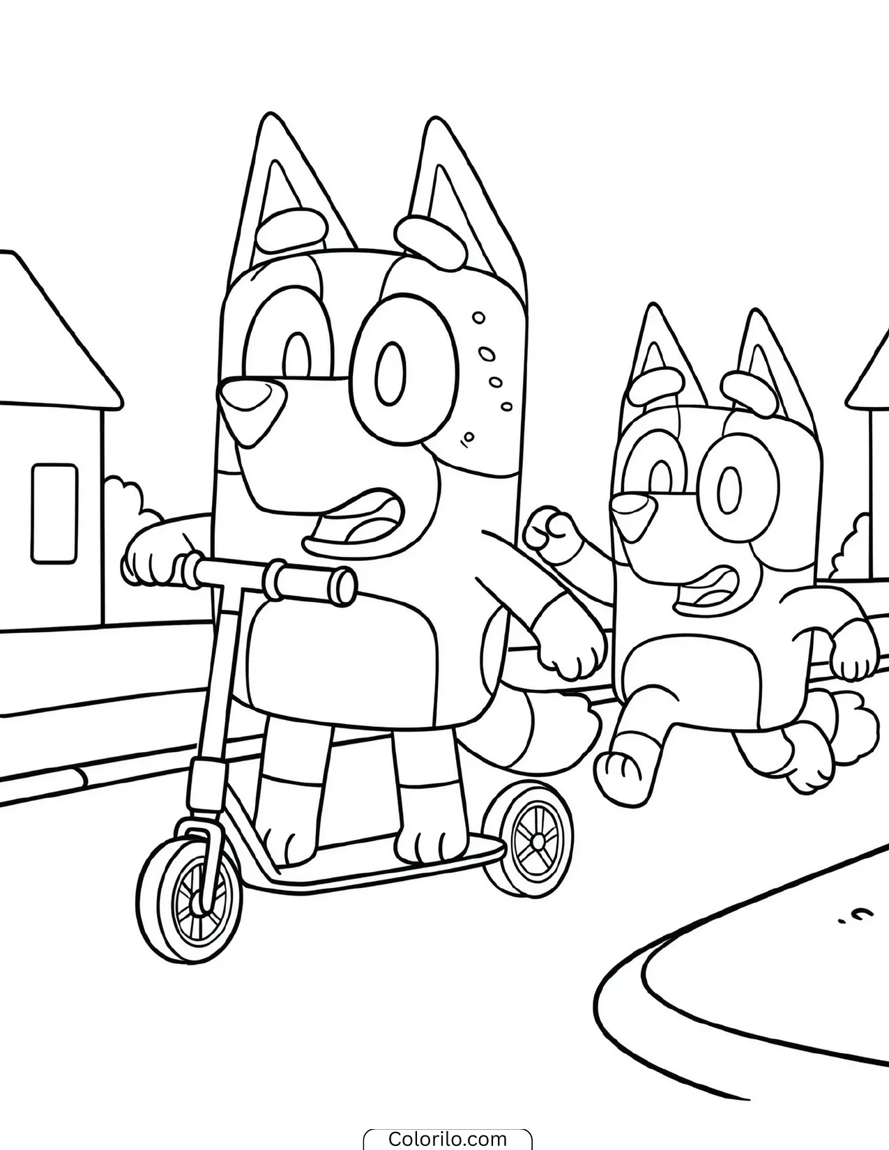 Bluey riding a scooter with Bingo running alongside coloring page