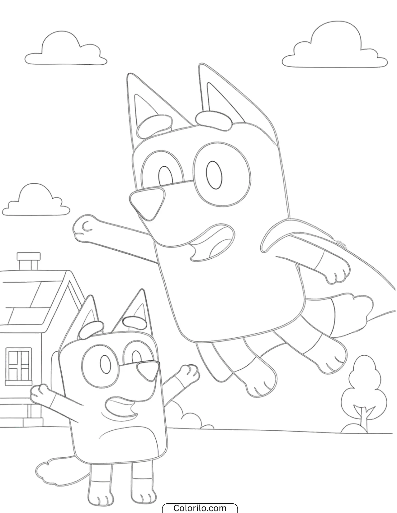 Bluey flying as a superhero with Bingo cheering below coloring page