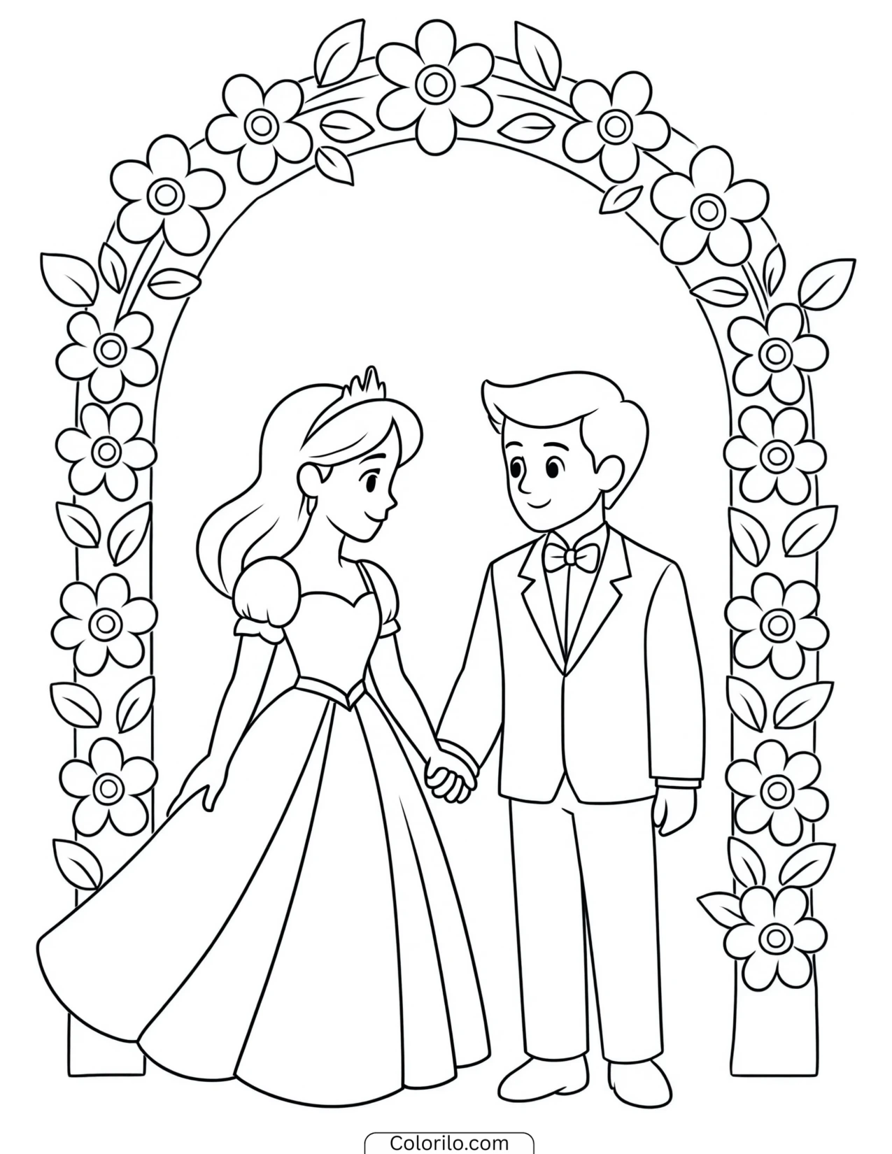 Bride and groom holding hands coloring page