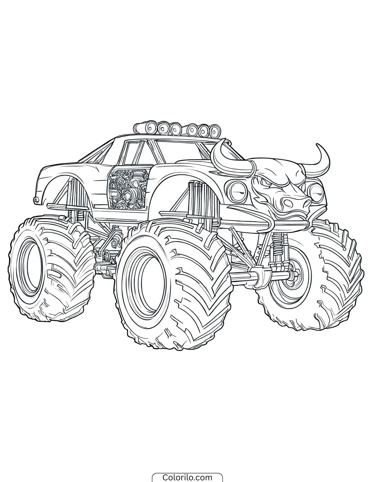 Bull-themed monster truck with an exposed engine coloring page