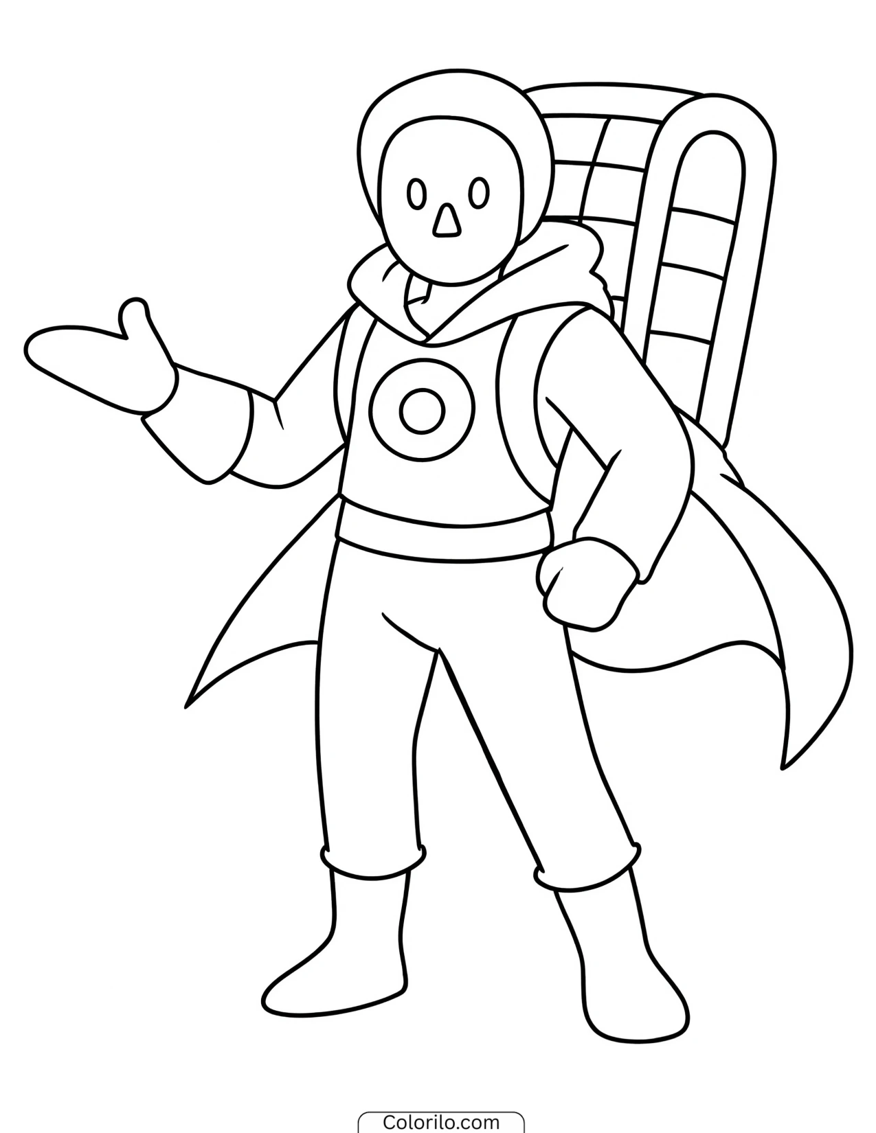 Caped character wearing a backpack coloring page
