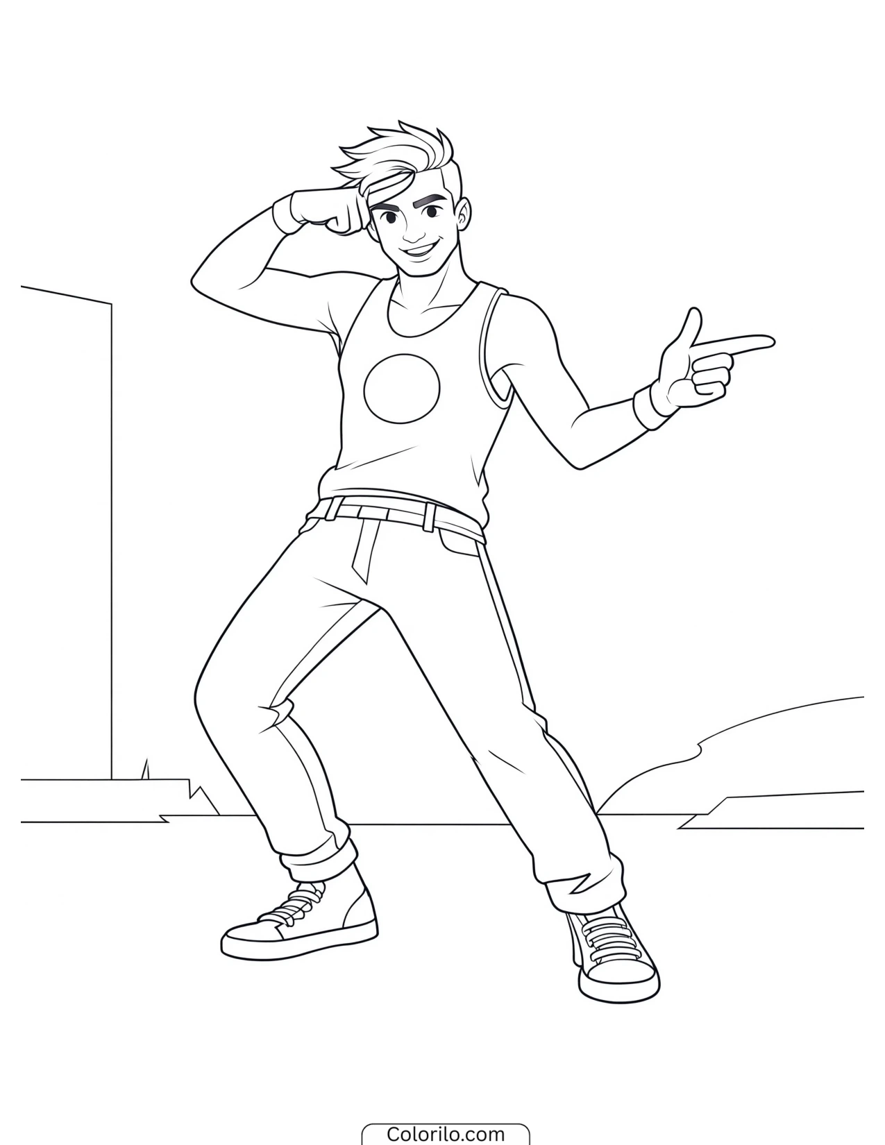 Cartoon character striking a pointing pose coloring page