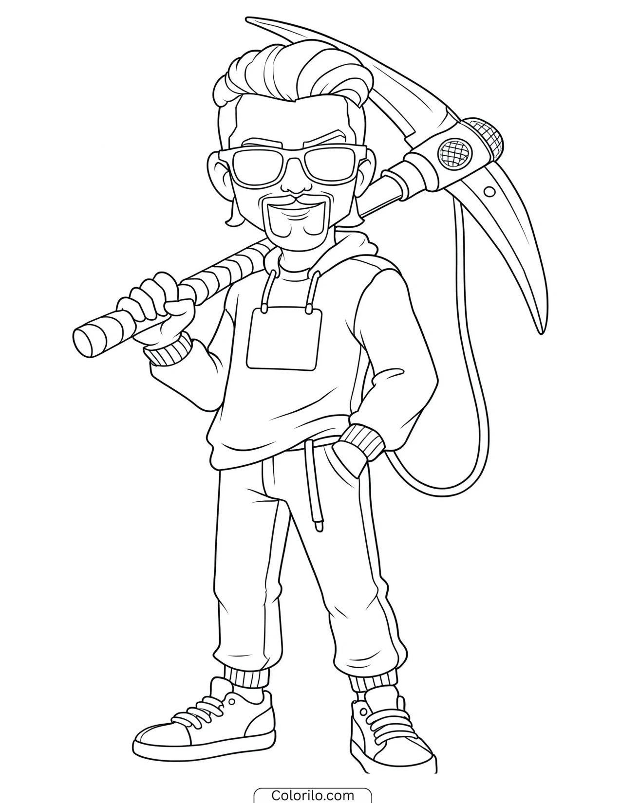 Cartoon character holding a golden pickaxe coloring page