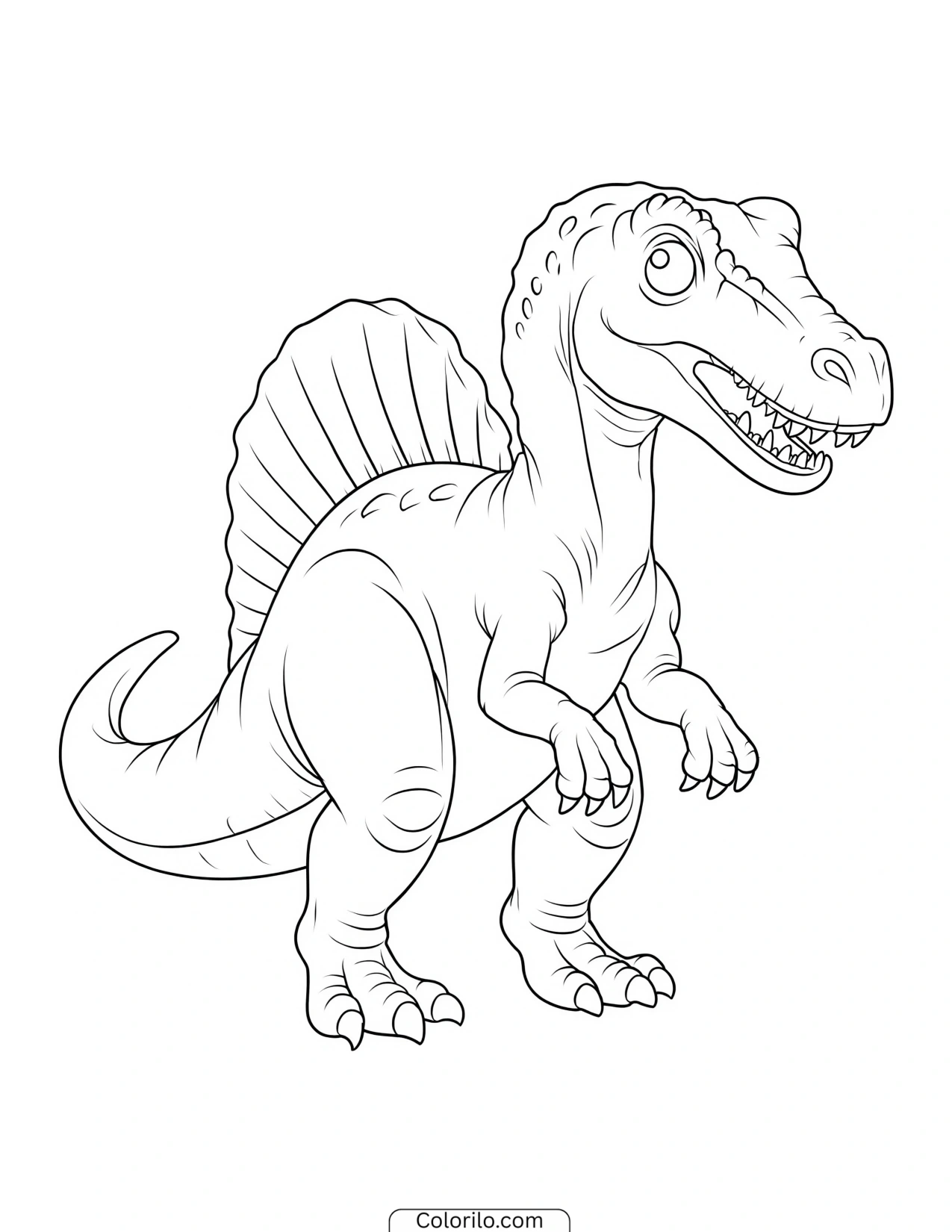 Cartoon Spinosaurus with small arms and a tall sail coloring page