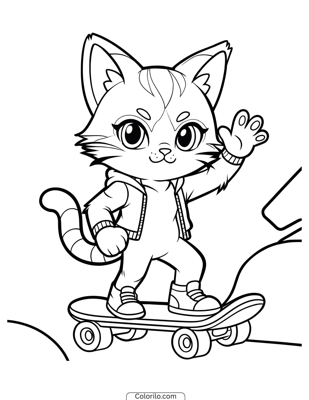 Cat character waving while riding a skateboard coloring page